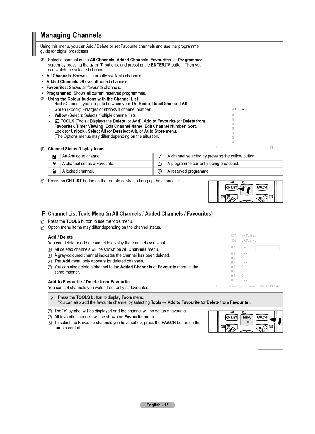 Samsung PS42B430P, PS50B430P manual Managing Channels, Channel Status Display Icons, Add / Delete 
