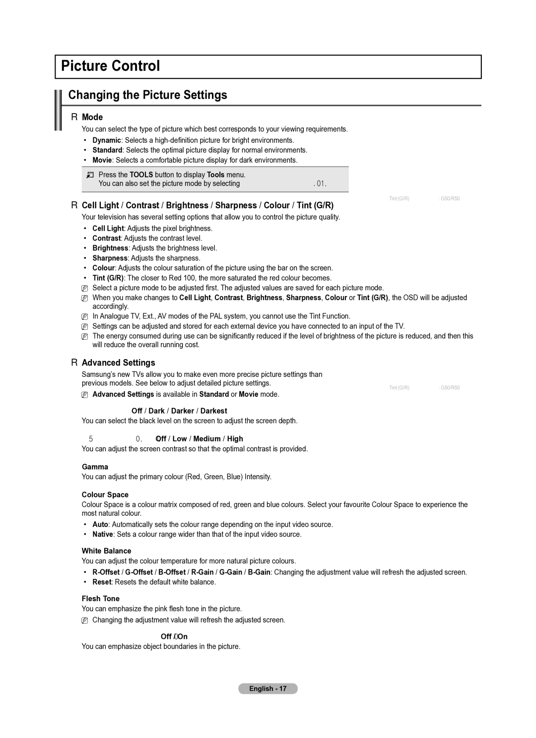 Samsung PS42B430P, PS50B430P manual Picture Control, Changing the Picture Settings, Mode, Advanced Settings 