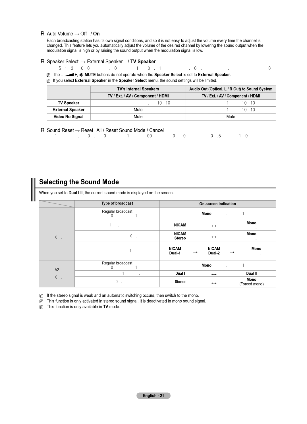 Samsung PS42B430P manual Selecting the Sound Mode, Auto Volume → Off / On, Speaker Select → External Speaker / TV Speaker 