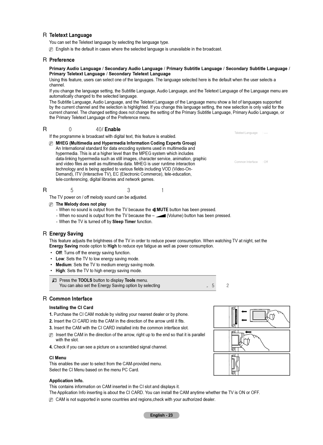 Samsung PS42B430P manual Teletext Language, Preference, Digital Text → Disable / Enable, Melody → Off / Low / Medium / High 