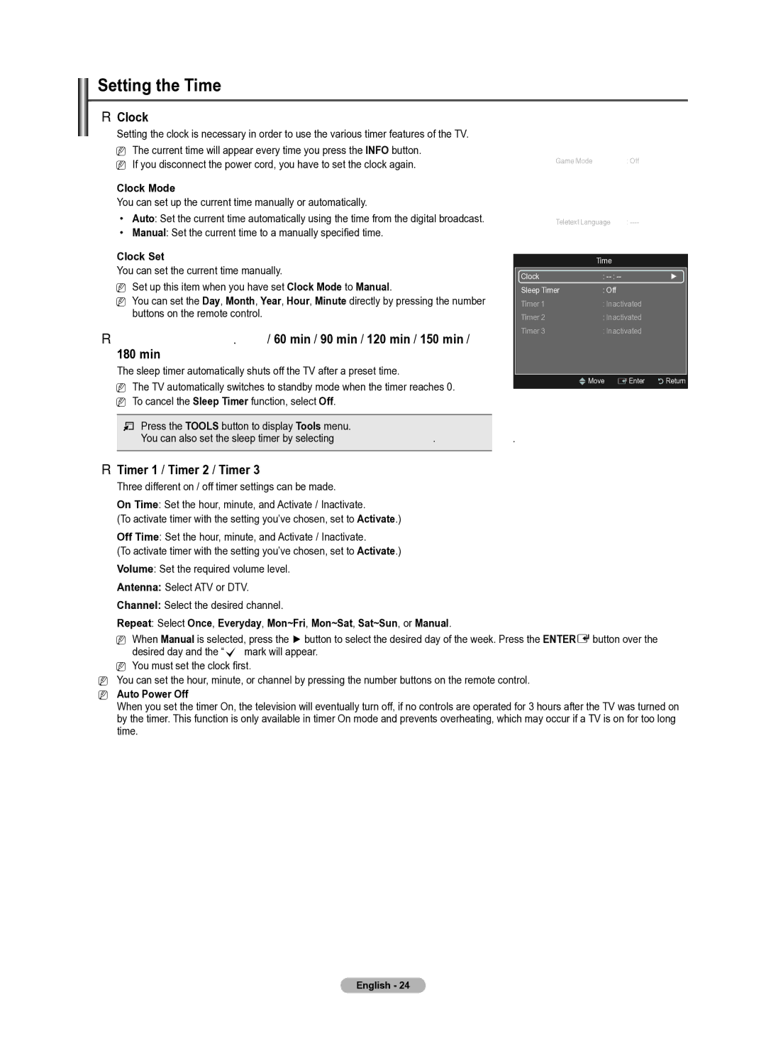 Samsung PS50B430P, PS42B430P manual Setting the Time, Clock, 180 min, Timer 1 / Timer 2 / Timer 