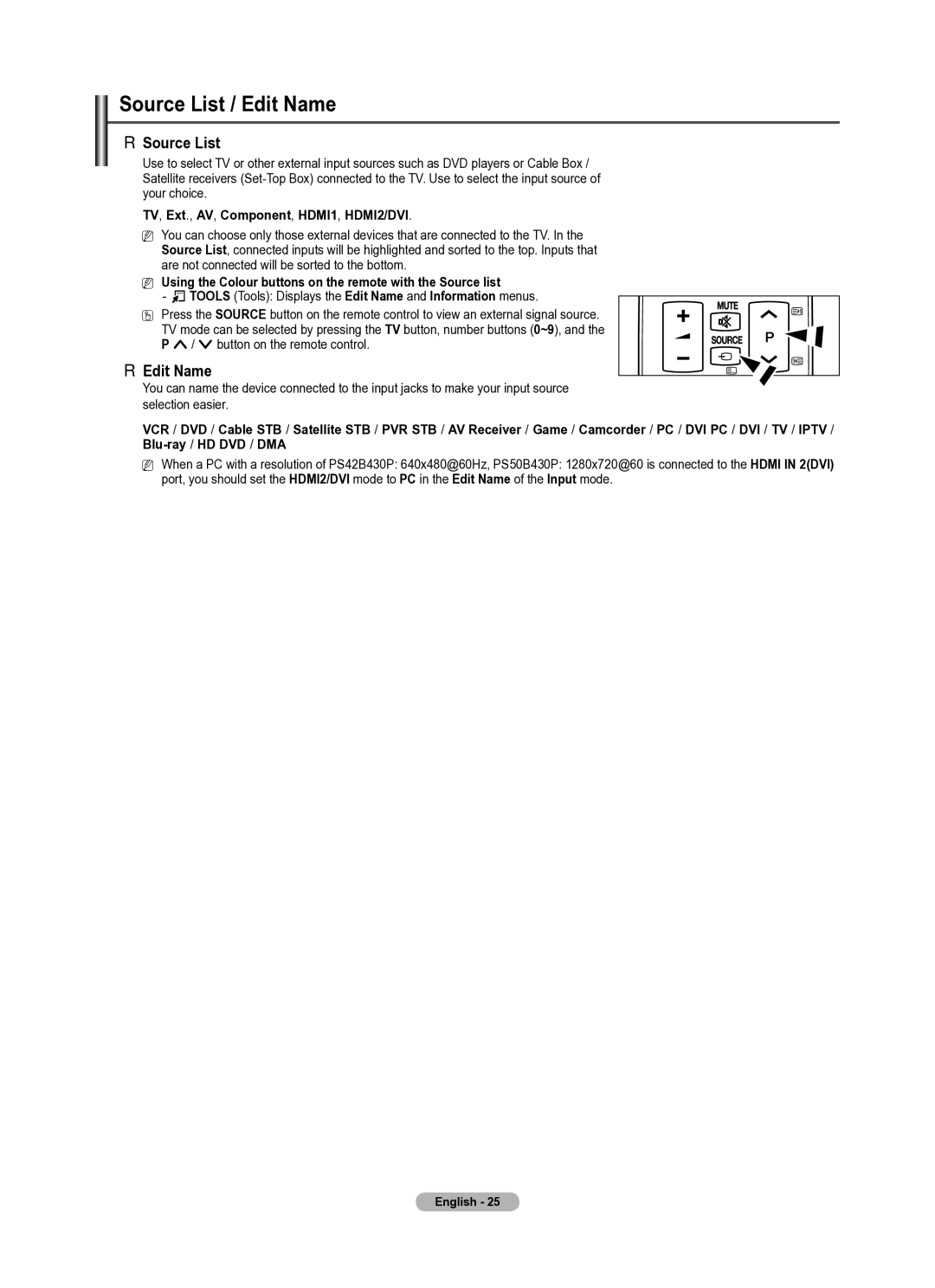 Samsung PS42B430P, PS50B430P manual Source List / Edit Name,  TV, Ext., AV, Component, HDMI1, HDMI2/DVI 