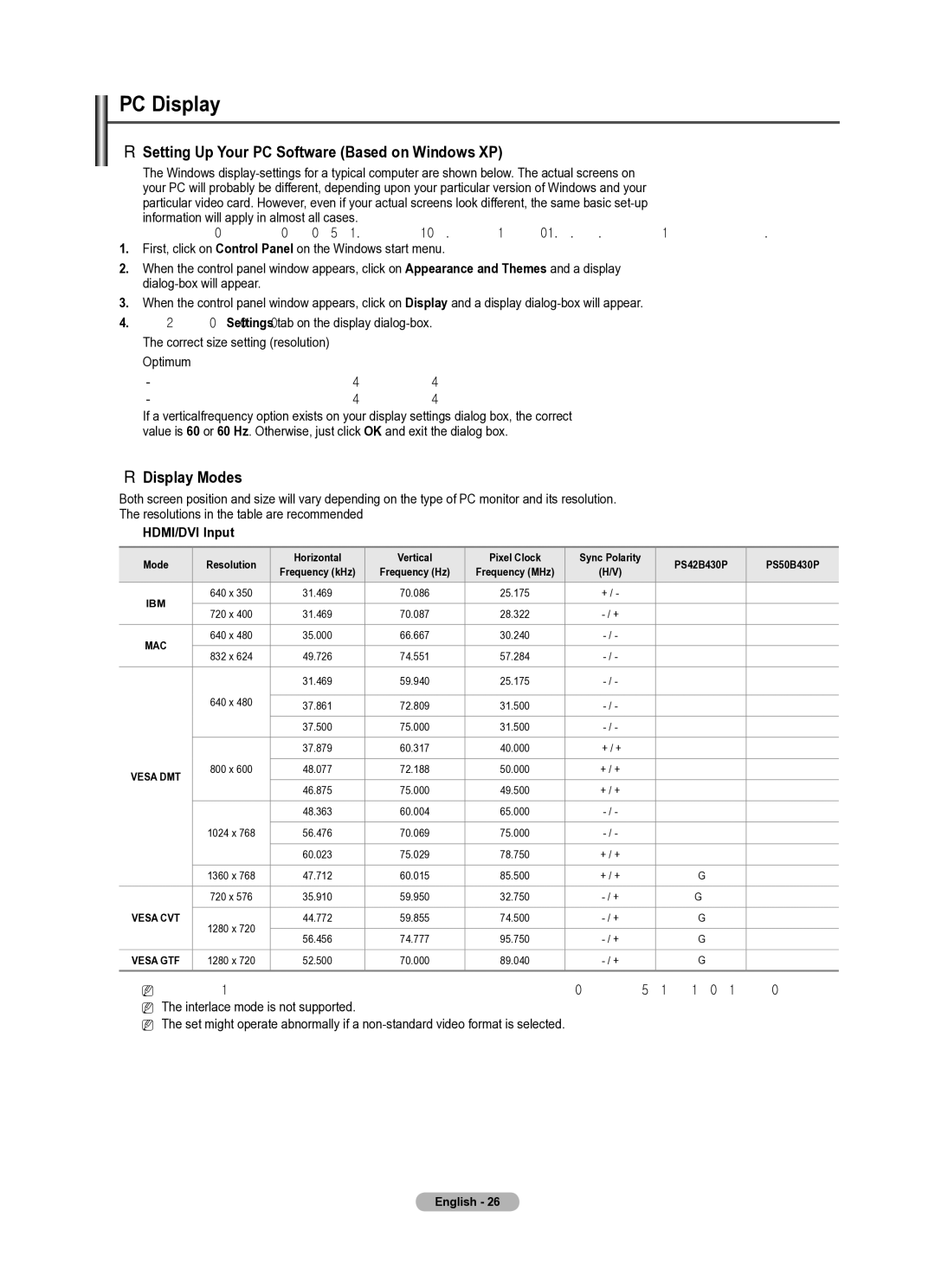 Samsung PS50B430P, PS42B430P PC Display, Setting Up Your PC Software Based on Windows XP, Display Modes,  HDMI/DVI Input 