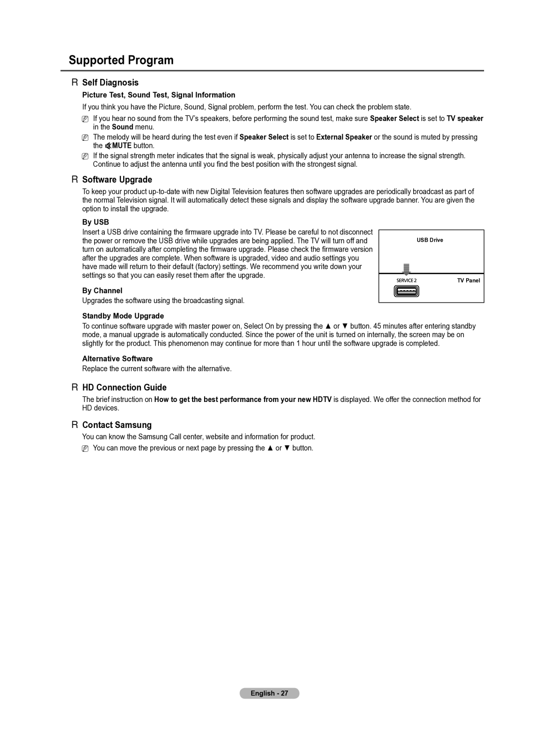 Samsung PS42B430P, PS50B430P Supported Program, Self Diagnosis, Software Upgrade, HD Connection Guide, Contact Samsung 