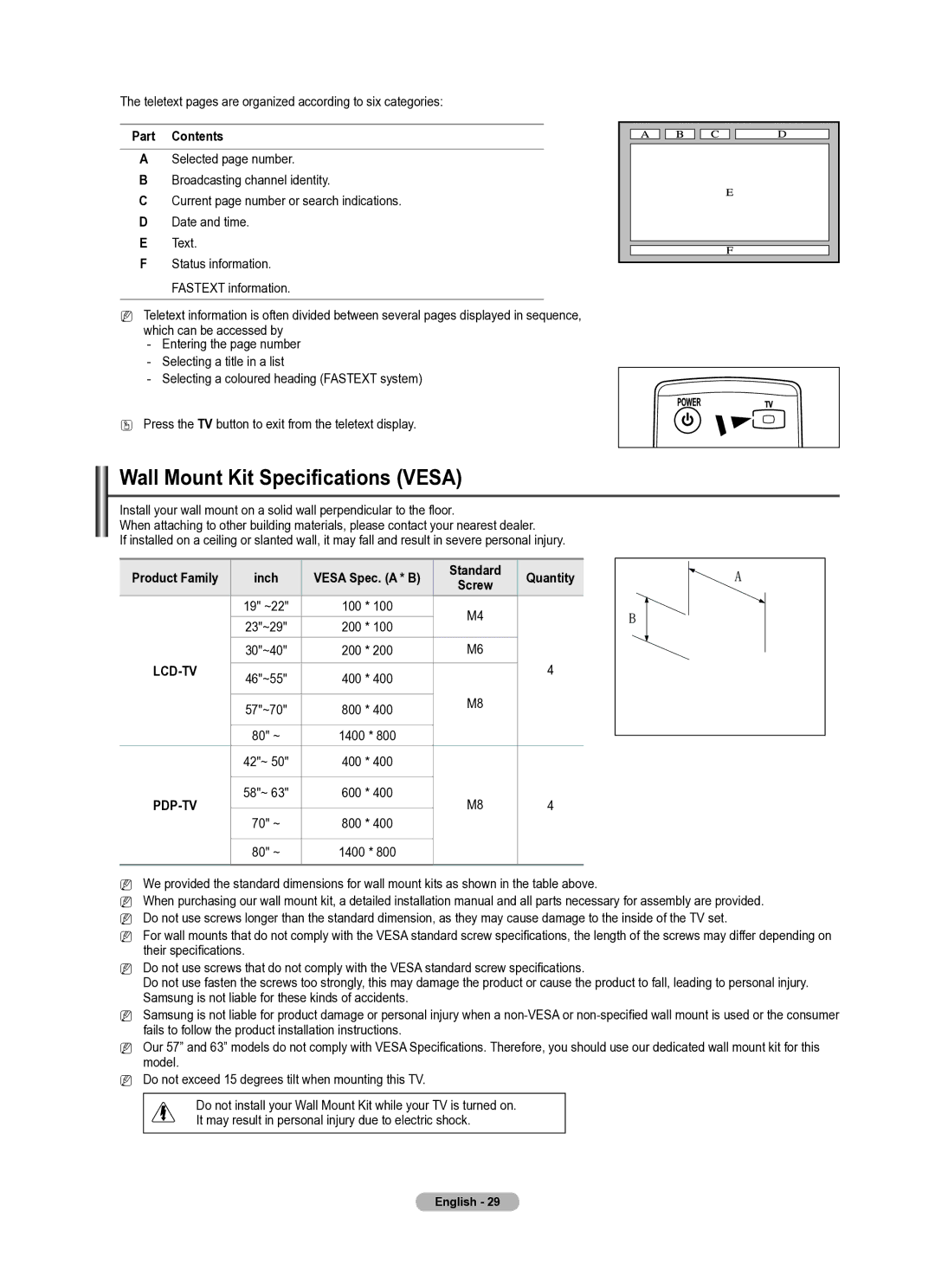 Samsung PS42B430P, PS50B430P manual Wall Mount Kit Specifications Vesa, Part Contents, Lcd-Tv Pdp-Tv, Inch 