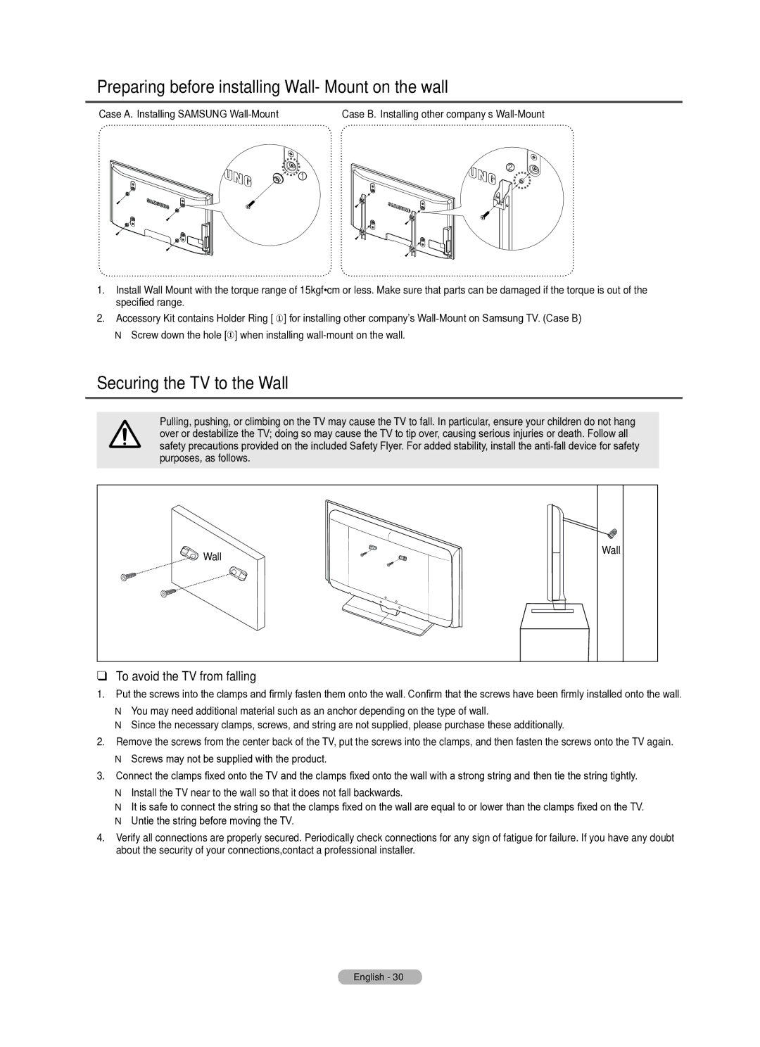 Samsung PS50B430P, PS42B430P manual Preparing before installing Wall- Mount on the wall, Securing the TV to the Wall 