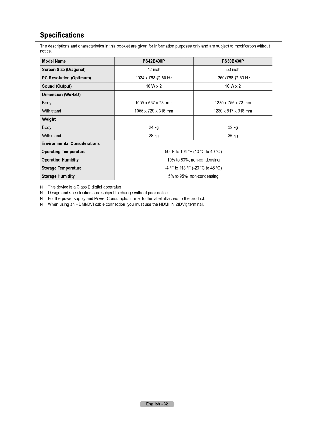 Samsung PS50B430P, PS42B430P manual Specifications 