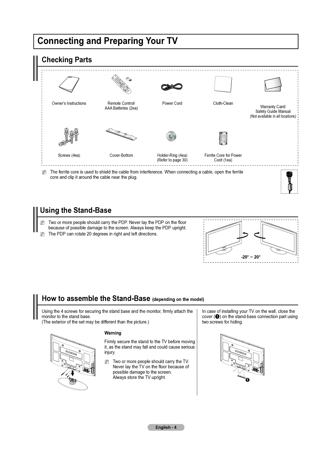 Samsung PS50B430P, PS42B430P manual Connecting and Preparing Your TV, Checking Parts, Using the Stand-Base 