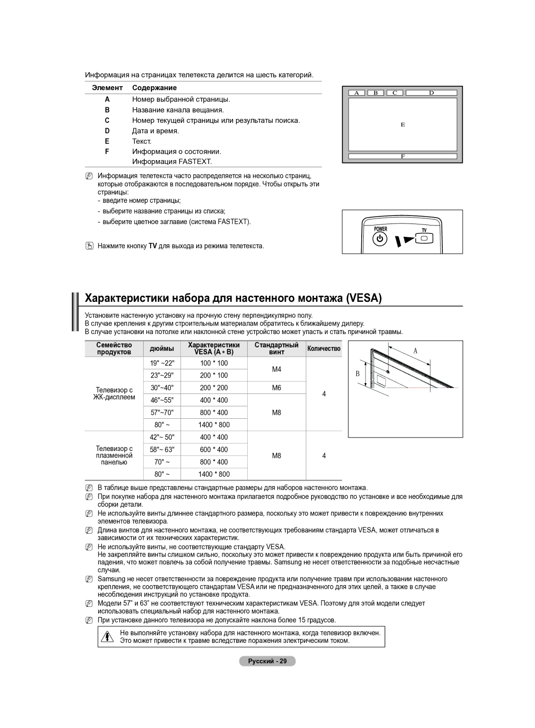 Samsung PS42B430P manual Характеристики набора для настенного монтажа Vesa, Элемент Содержание, Vesa a * B, ЖК-дисплеем 