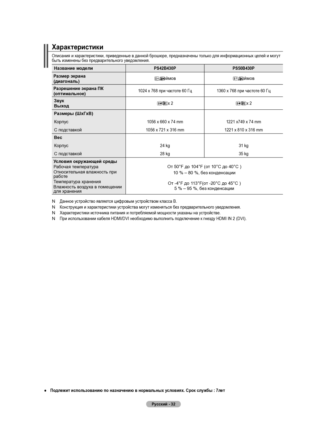 Samsung PS50B430P, PS42B430P manual Характеристики 