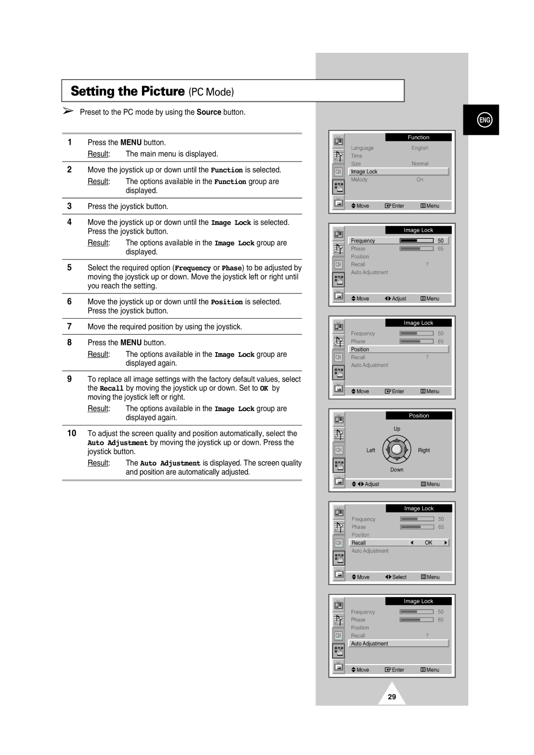 Samsung PS42P2SB, PS50P2HB manual Setting the Picture PC Mode, Preset to the PC mode by using the Source button 