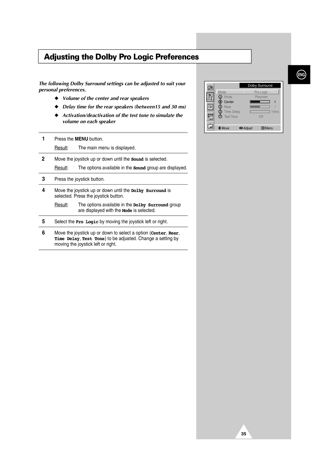 Samsung PS42P2SB, PS50P2HB manual Adjusting the Dolby Pro Logic Preferences 