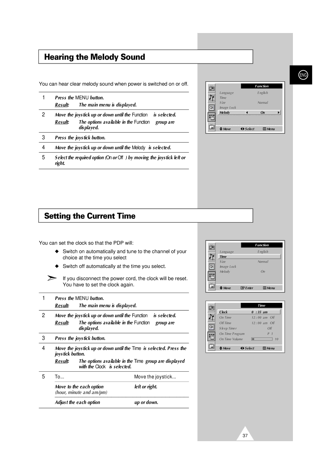 Samsung PS42P2SB Hearing the Melody Sound, Setting the Current Time, Move the joystick, Adjust the each option Up or down 