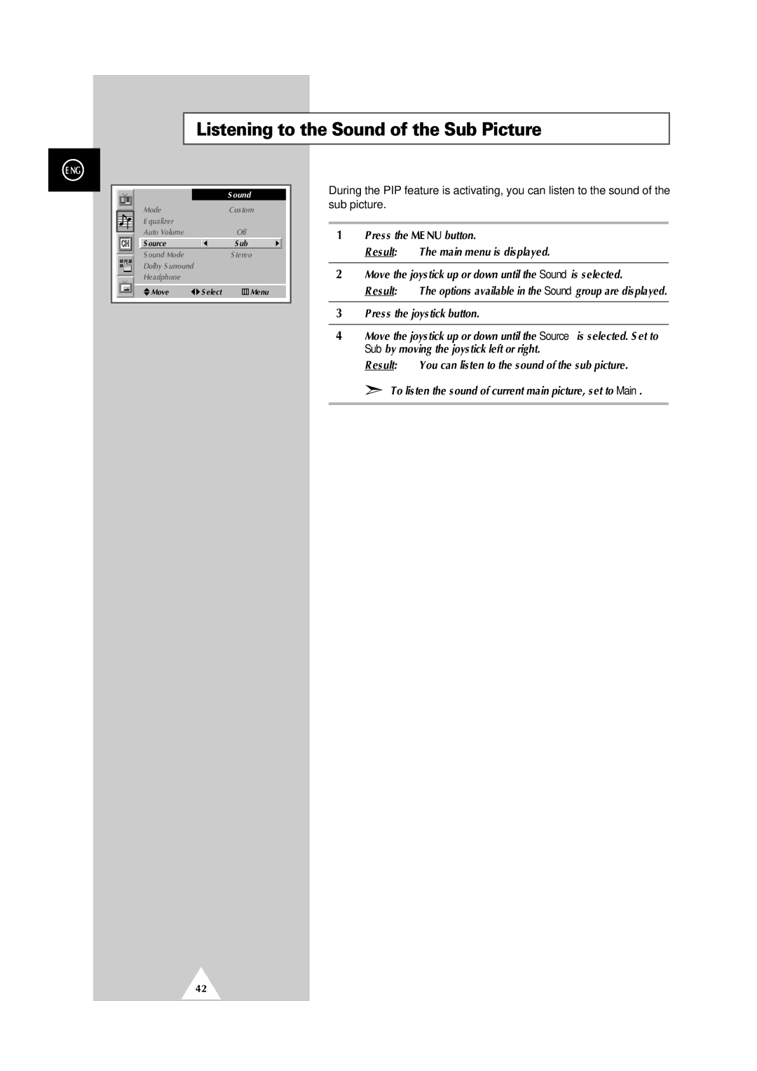 Samsung PS50P2HB, PS42P2SB manual Listening to the Sound of the Sub Picture 