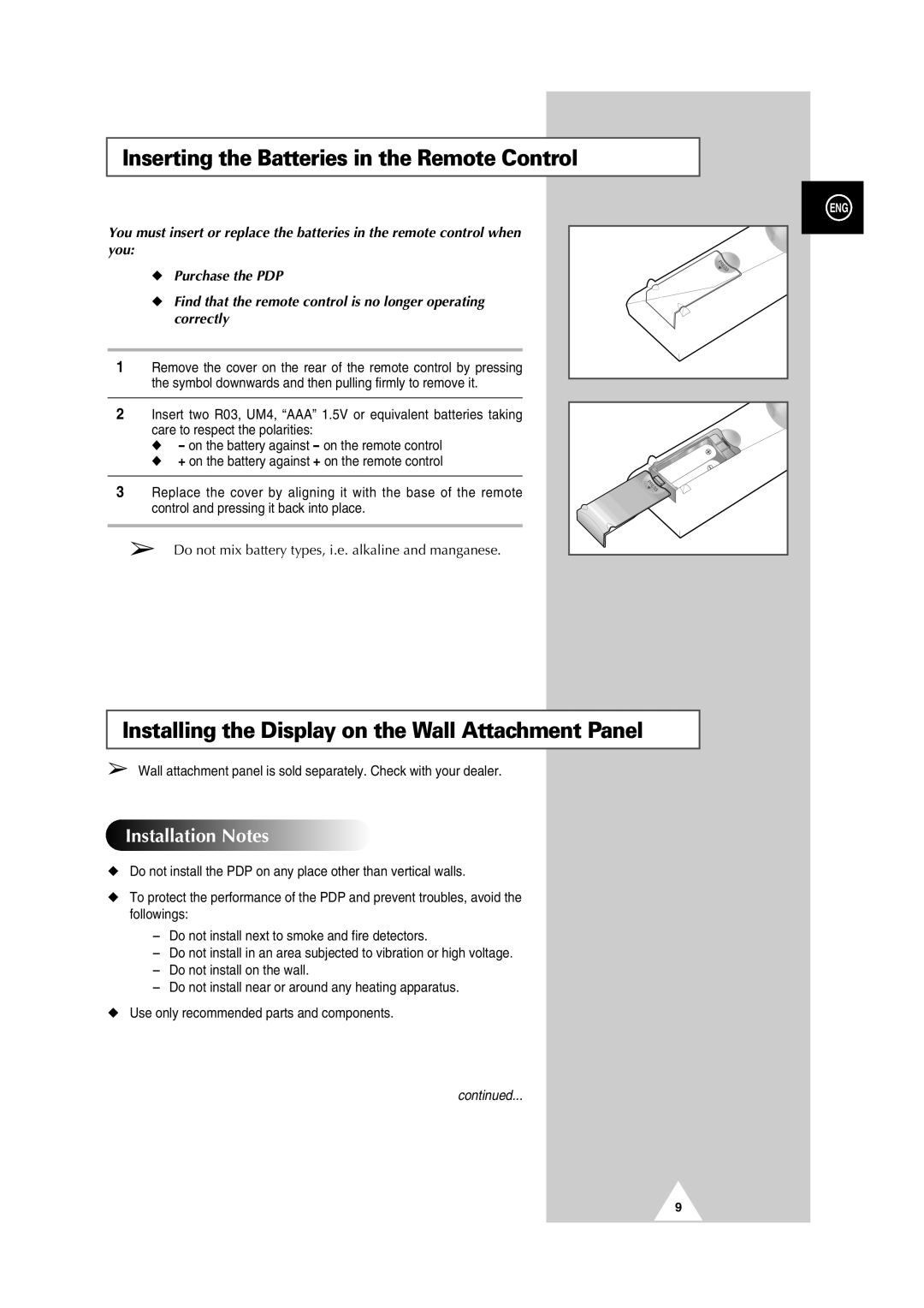 Samsung PS42P2SB manual Inserting the Batteries in the Remote Control, Installing the Display on the Wall Attachment Panel 