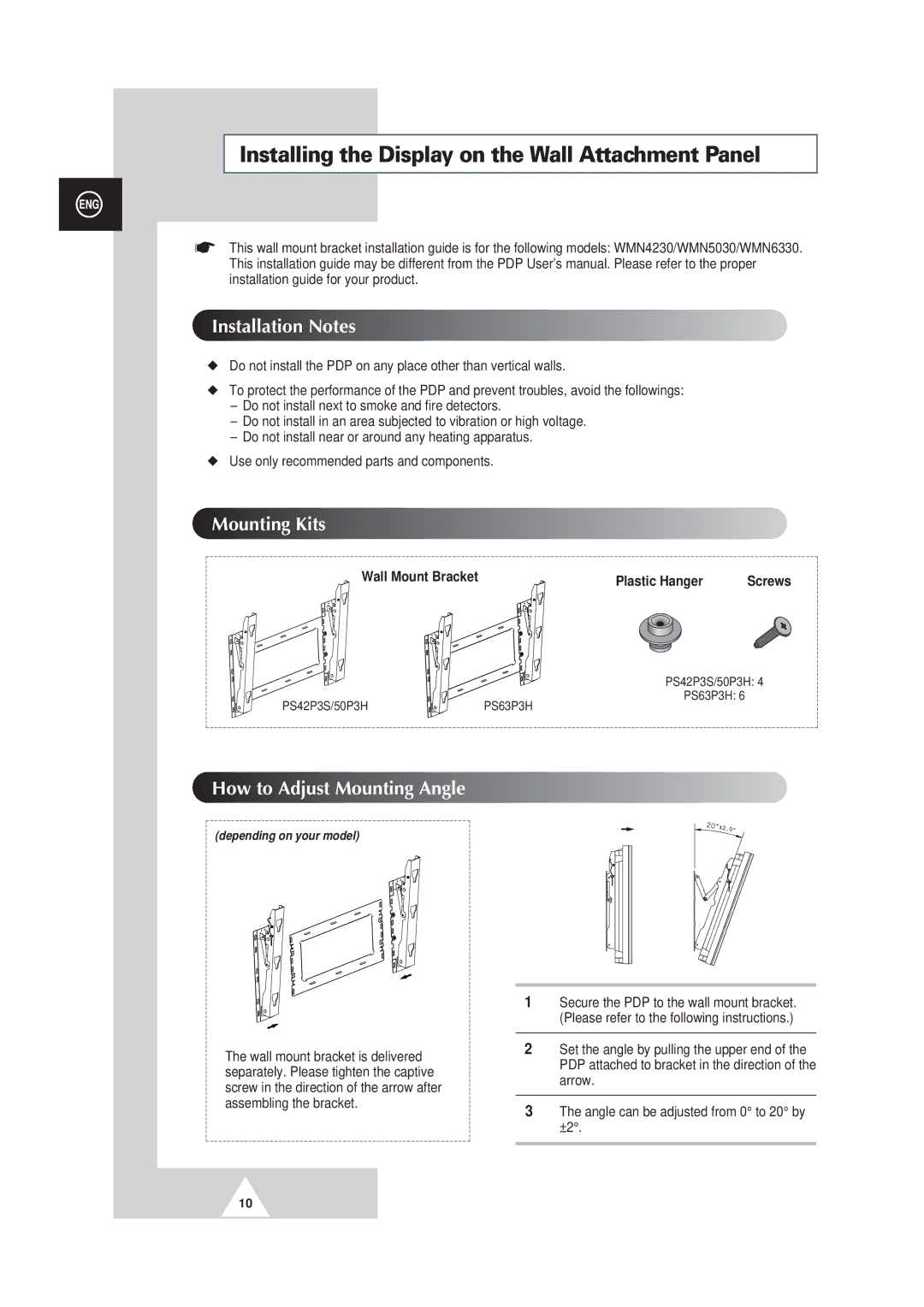 Samsung PS63P3H, PS50P3H, PS42P3S Installing the Display on the Wall Attachment Panel, Wall Mount Bracket Plastic Hanger 