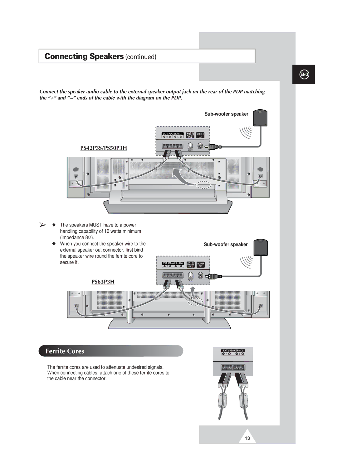 Samsung PS63P3H, PS50P3H, PS42P3S manual Connecting Speakers, Sub-woofer speaker 