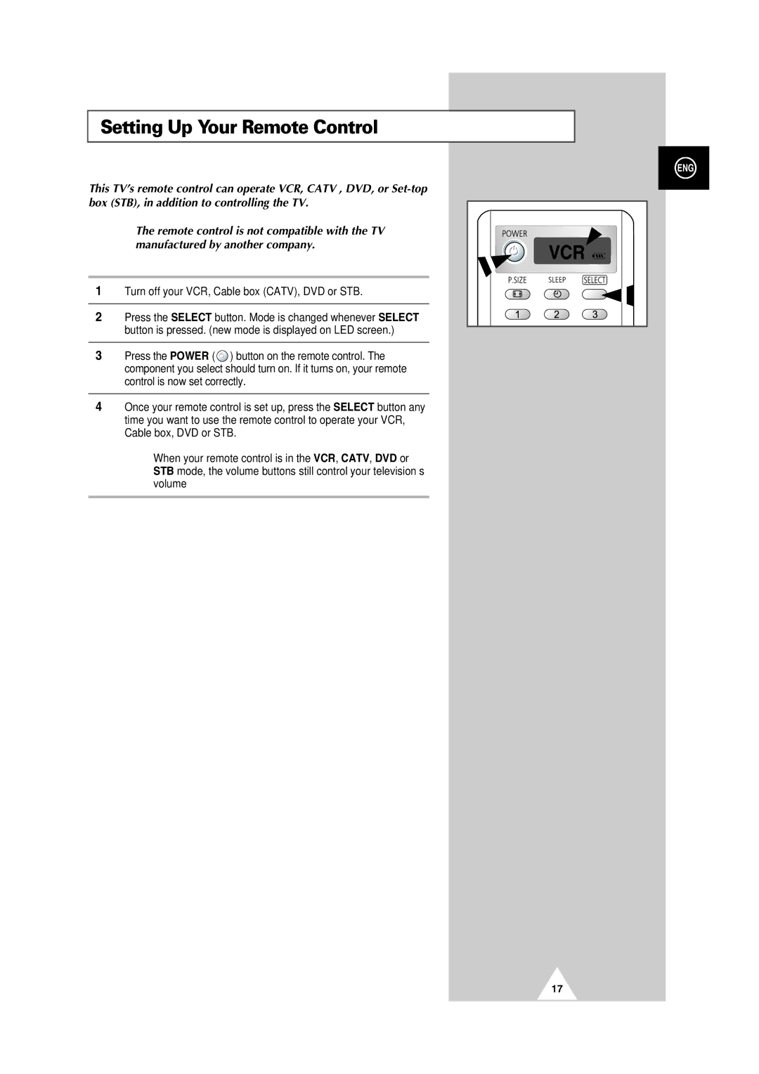 Samsung PS42P3S, PS50P3H, PS63P3H manual Setting Up Your Remote Control 