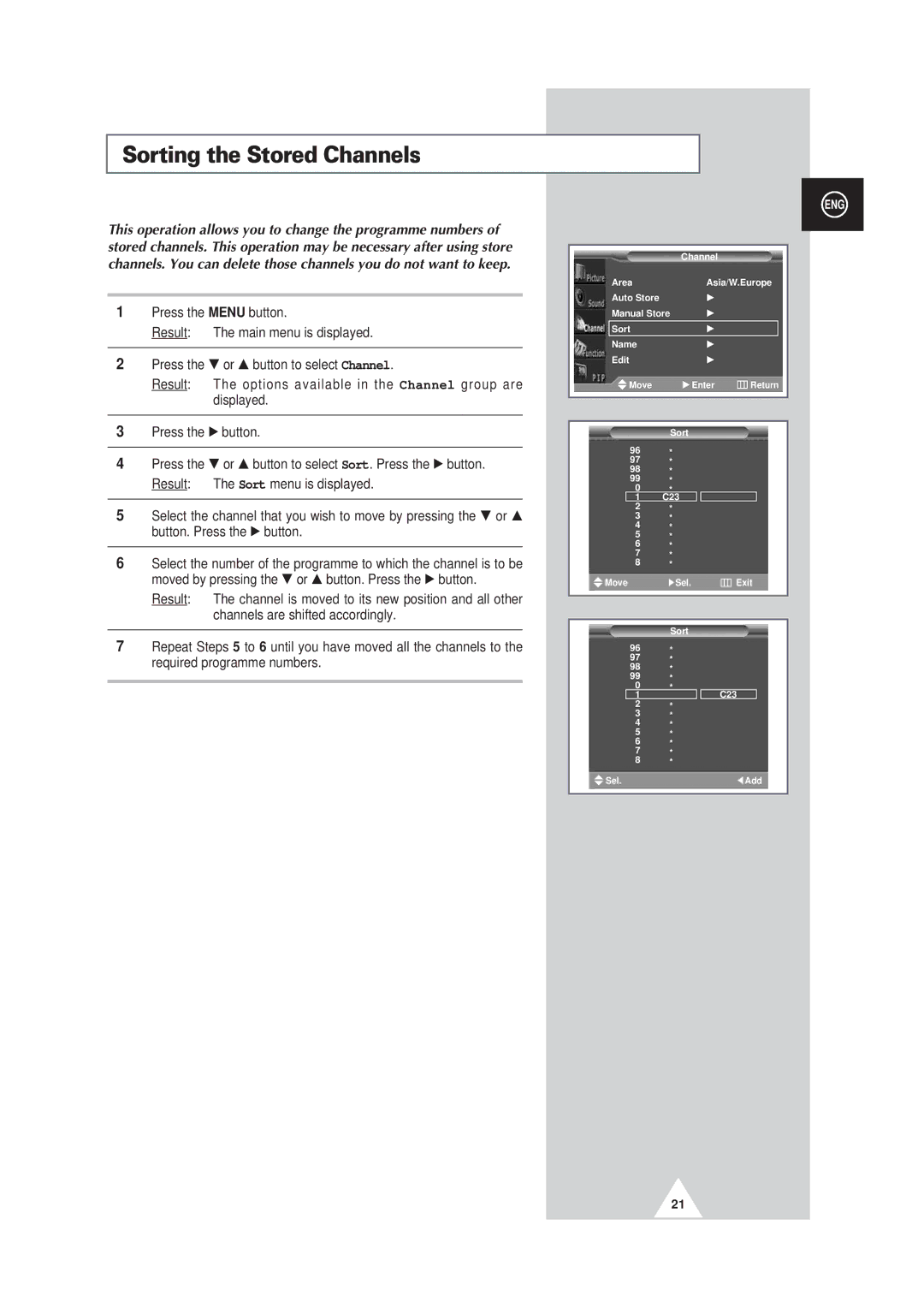 Samsung PS50P3H, PS63P3H, PS42P3S manual Sorting the Stored Channels 