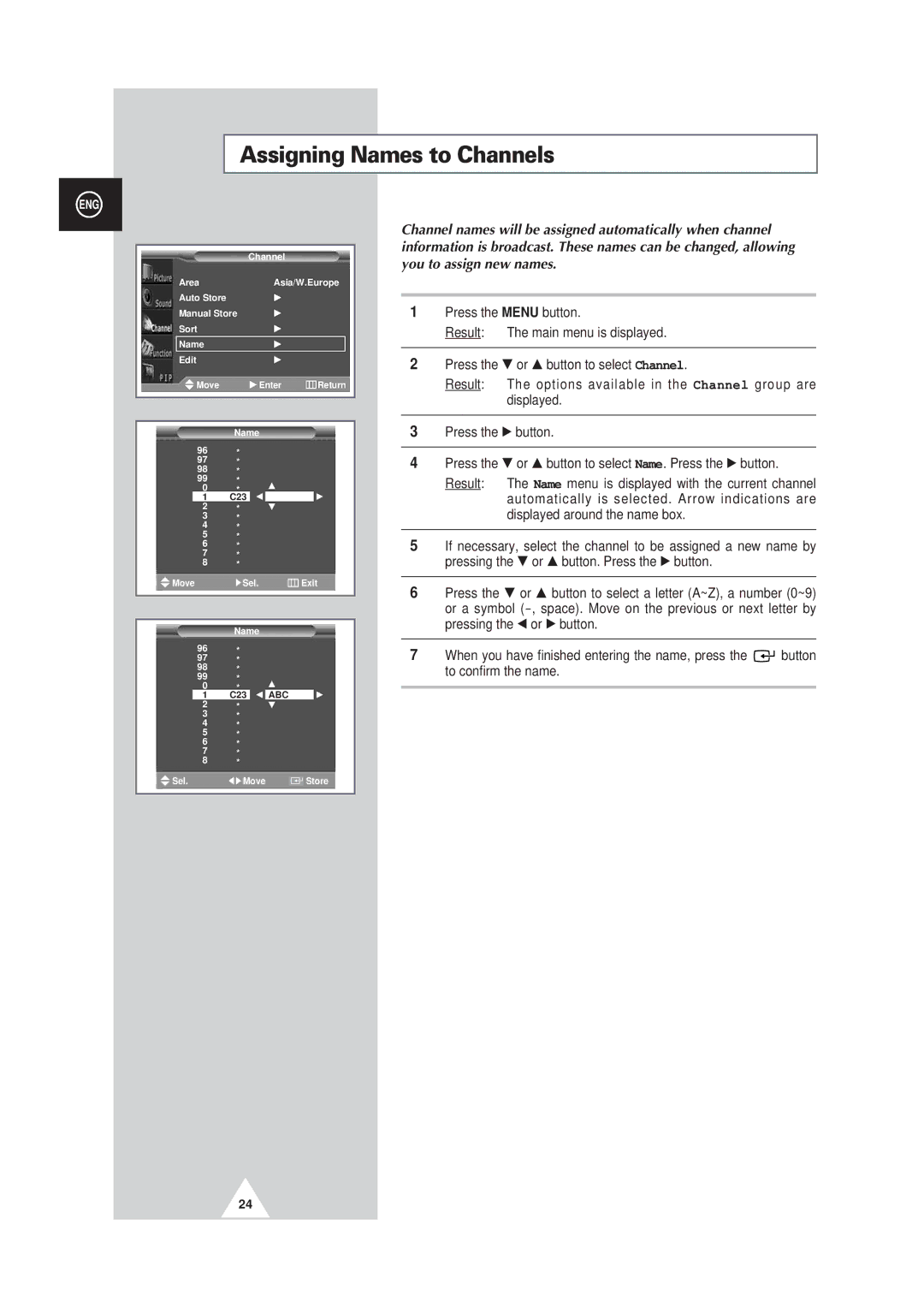 Samsung PS50P3H, PS63P3H, PS42P3S manual Assigning Names to Channels 