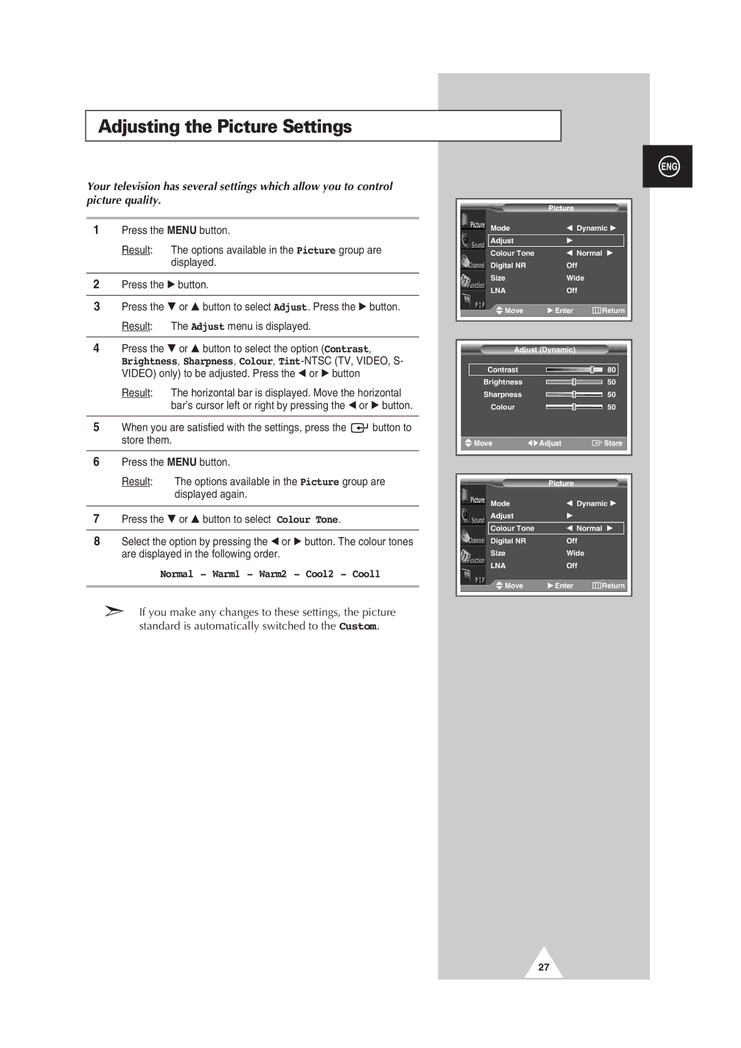 Samsung PS50P3H, PS63P3H, PS42P3S manual Adjusting the Picture Settings 