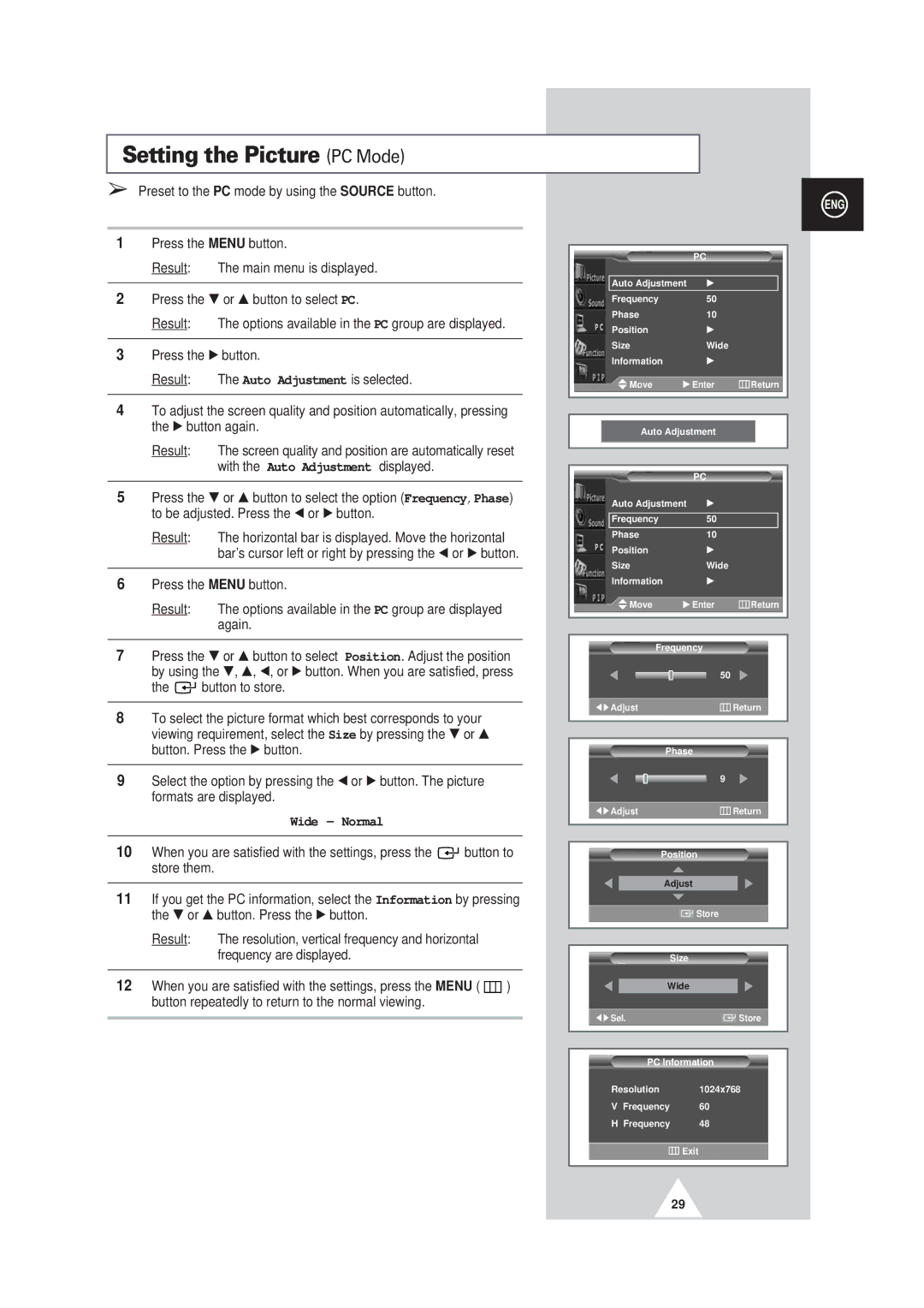 Samsung PS42P3S, PS50P3H, PS63P3H manual Setting the Picture PC Mode, Wide Normal 