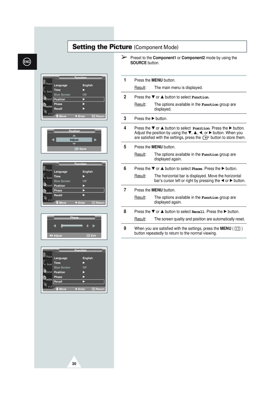 Samsung PS50P3H, PS63P3H, PS42P3S manual Setting the Picture Component Mode 