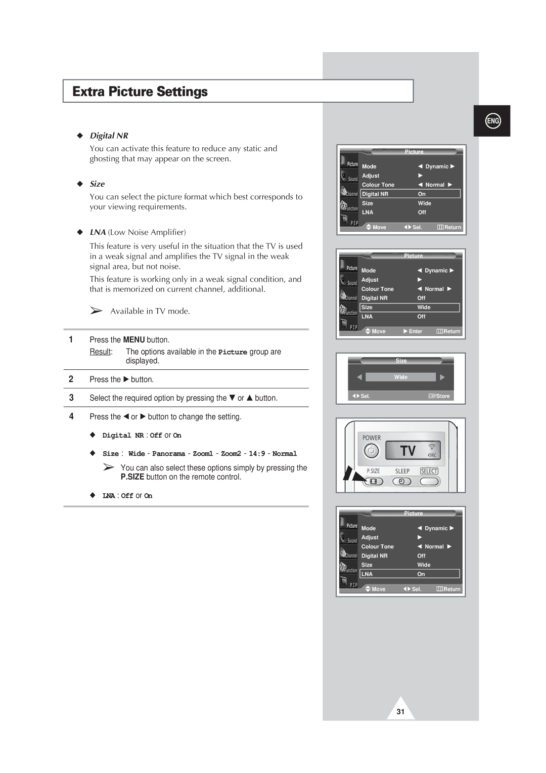 Samsung PS63P3H, PS50P3H, PS42P3S manual Extra Picture Settings, Digital NR, Size, LNA Off or On 