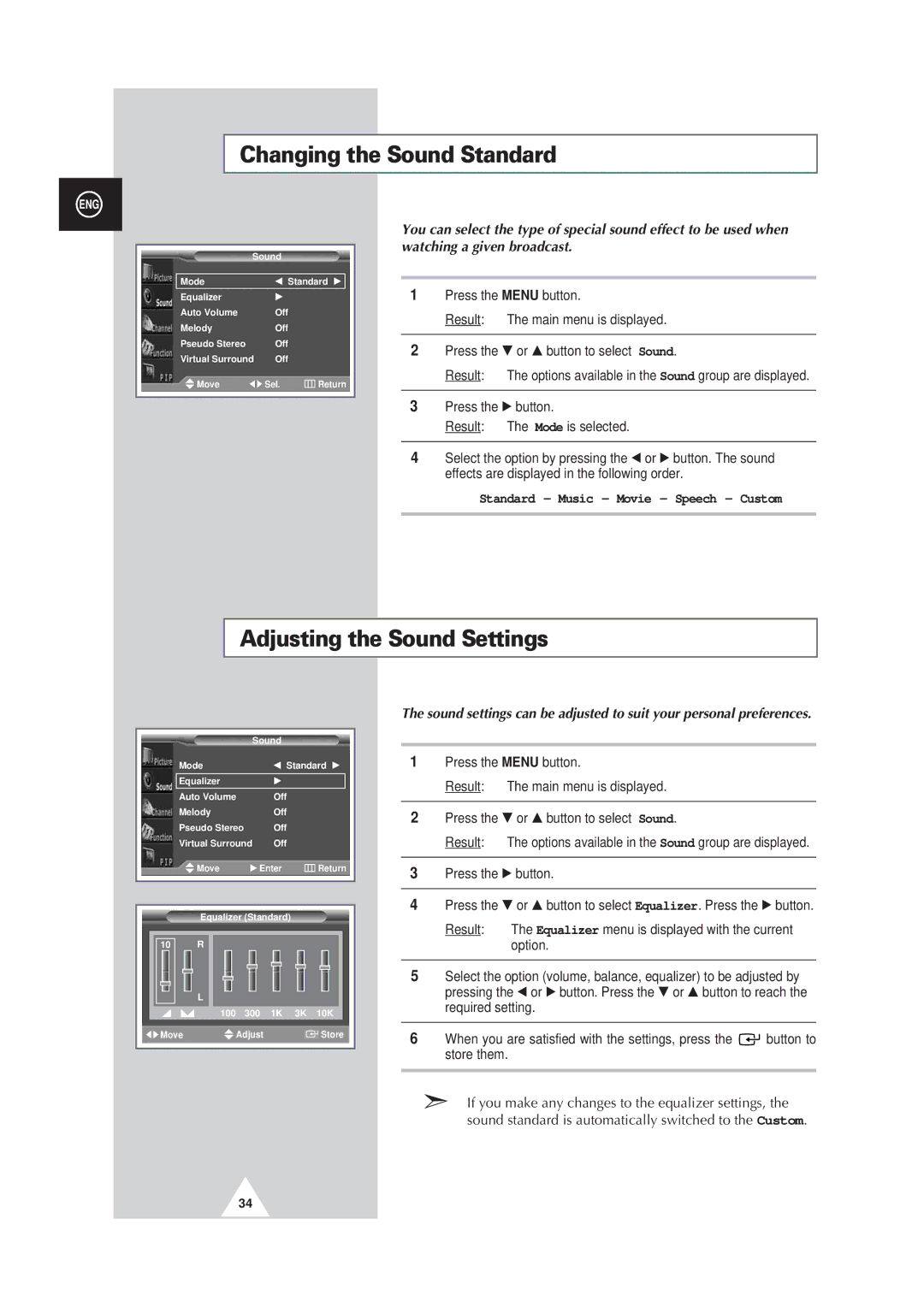 Samsung PS63P3H, PS50P3H Changing the Sound Standard, Adjusting the Sound Settings, Standard Music Movie Speech Custom 