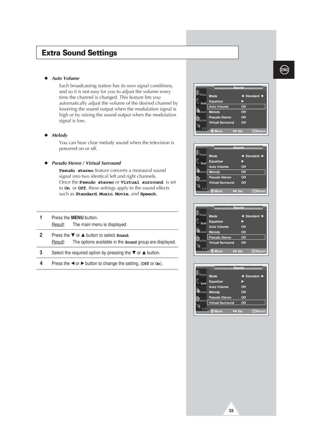 Samsung PS42P3S, PS50P3H, PS63P3H manual Extra Sound Settings, Auto Volume, Melody, Pseudo Stereo / Virtual Surround 