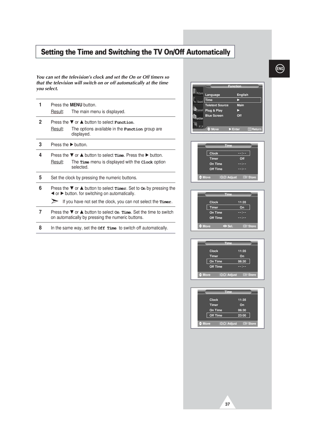 Samsung PS63P3H, PS50P3H, PS42P3S manual Setting the Time and Switching the TV On/Off Automatically 