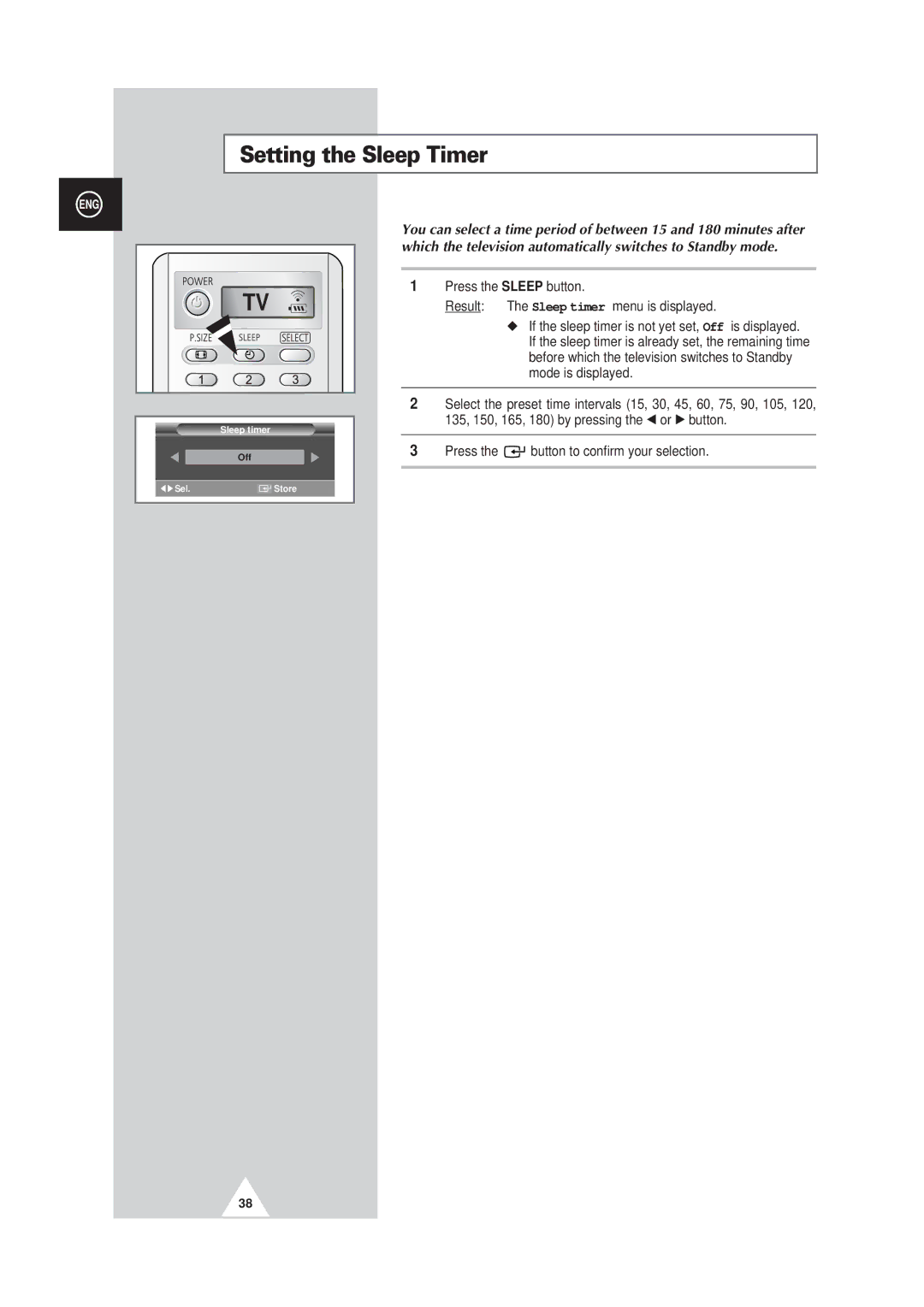 Samsung PS42P3S, PS50P3H, PS63P3H manual Setting the Sleep Timer 