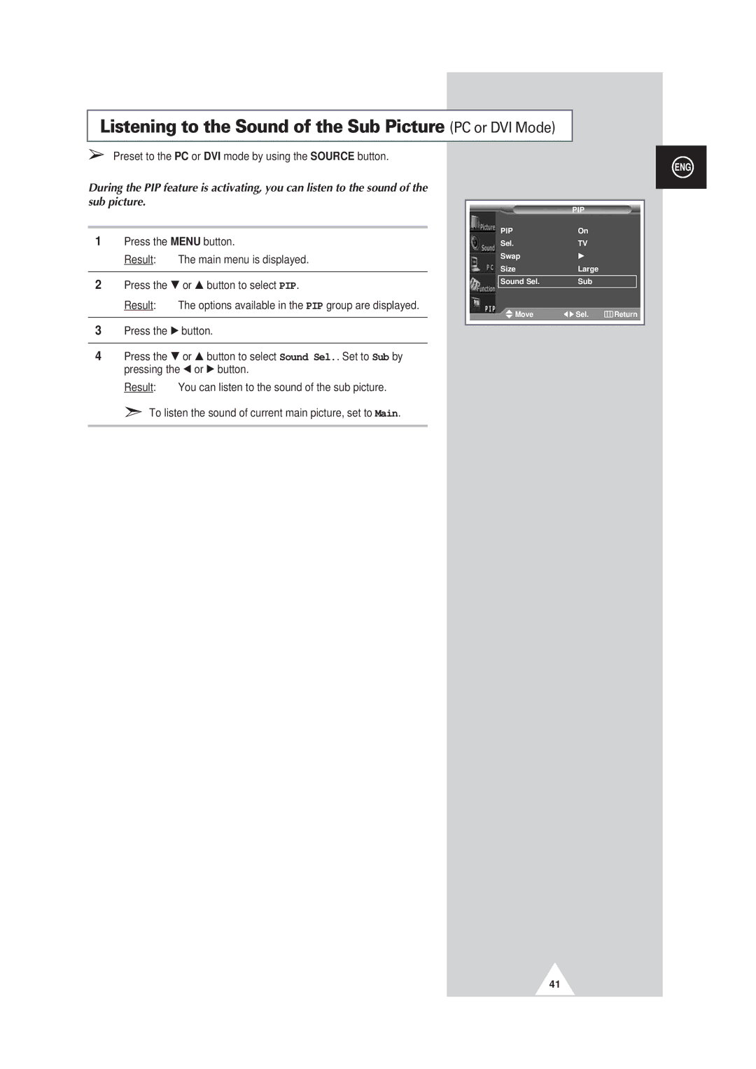 Samsung PS42P3S, PS50P3H, PS63P3H manual Listening to the Sound of the Sub Picture PC or DVI Mode 