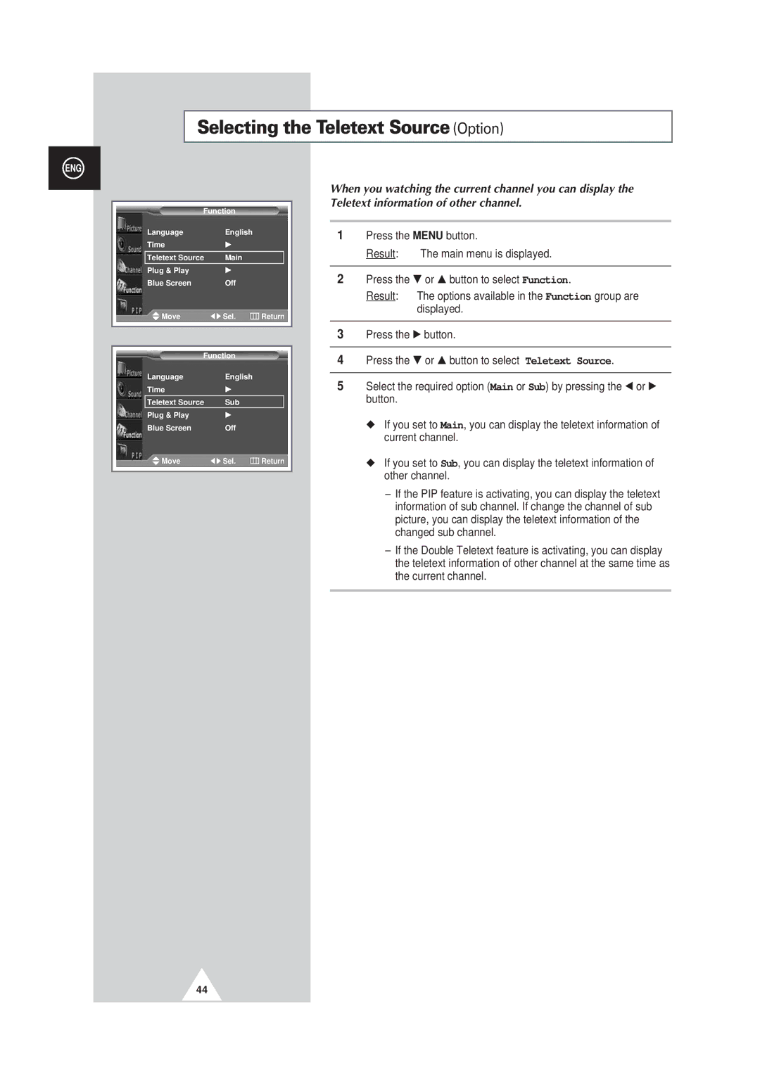 Samsung PS42P3S, PS50P3H, PS63P3H manual Selecting the Teletext Source Option 