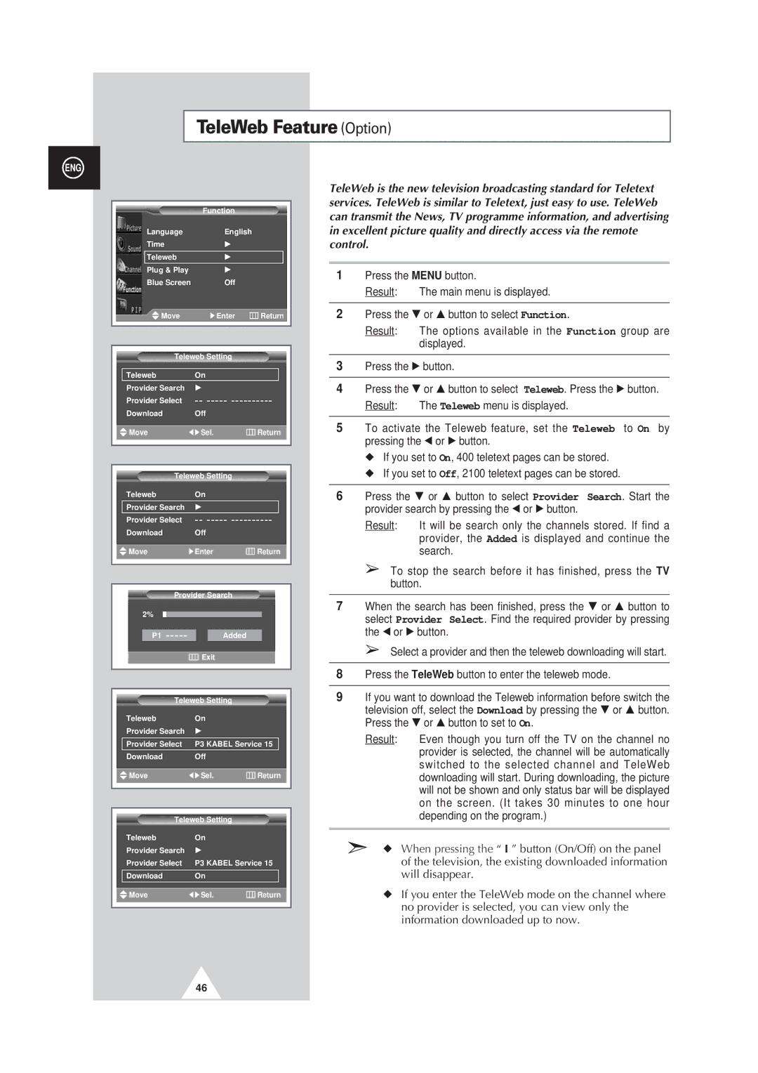 Samsung PS63P3H, PS50P3H, PS42P3S manual TeleWeb Feature Option 