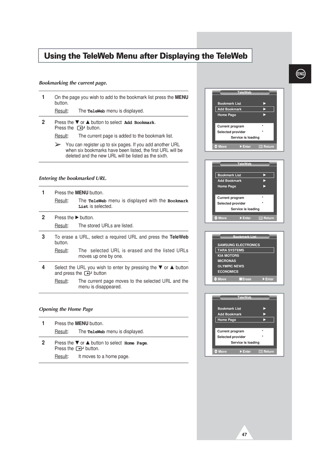 Samsung PS42P3S Using the TeleWeb Menu after Displaying the TeleWeb, Bookmarking the current, Entering the bookmarked URL 