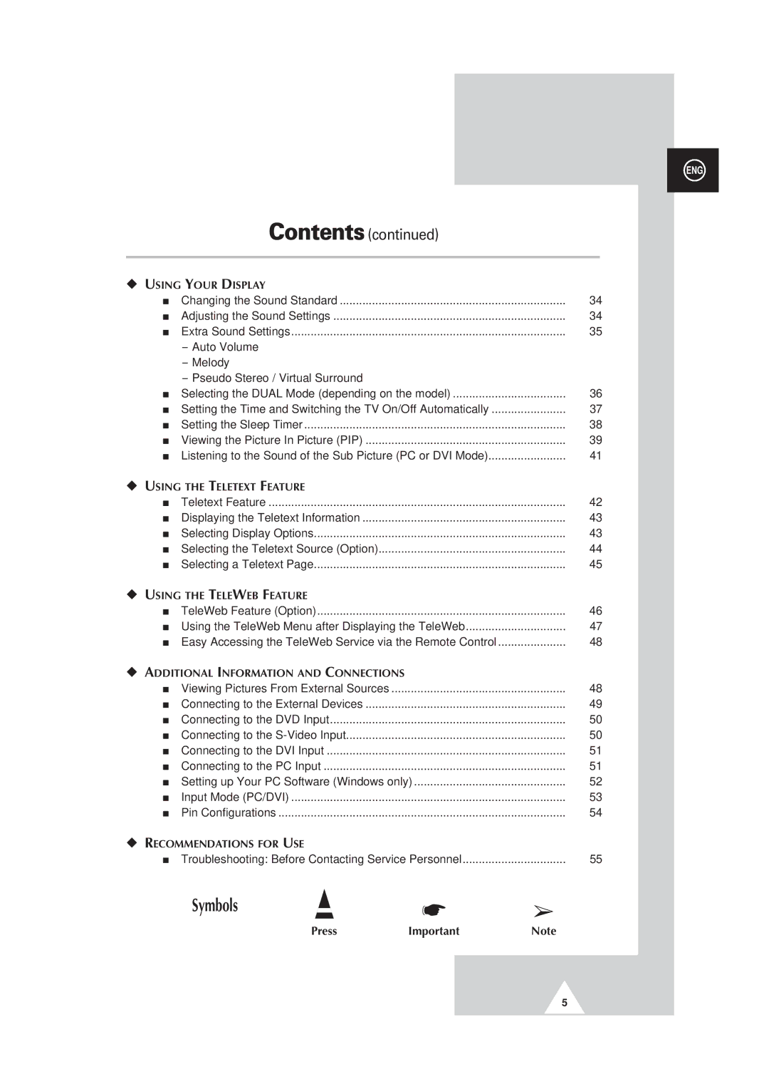 Samsung PS42P3S, PS50P3H, PS63P3H manual Symbols, Contents 