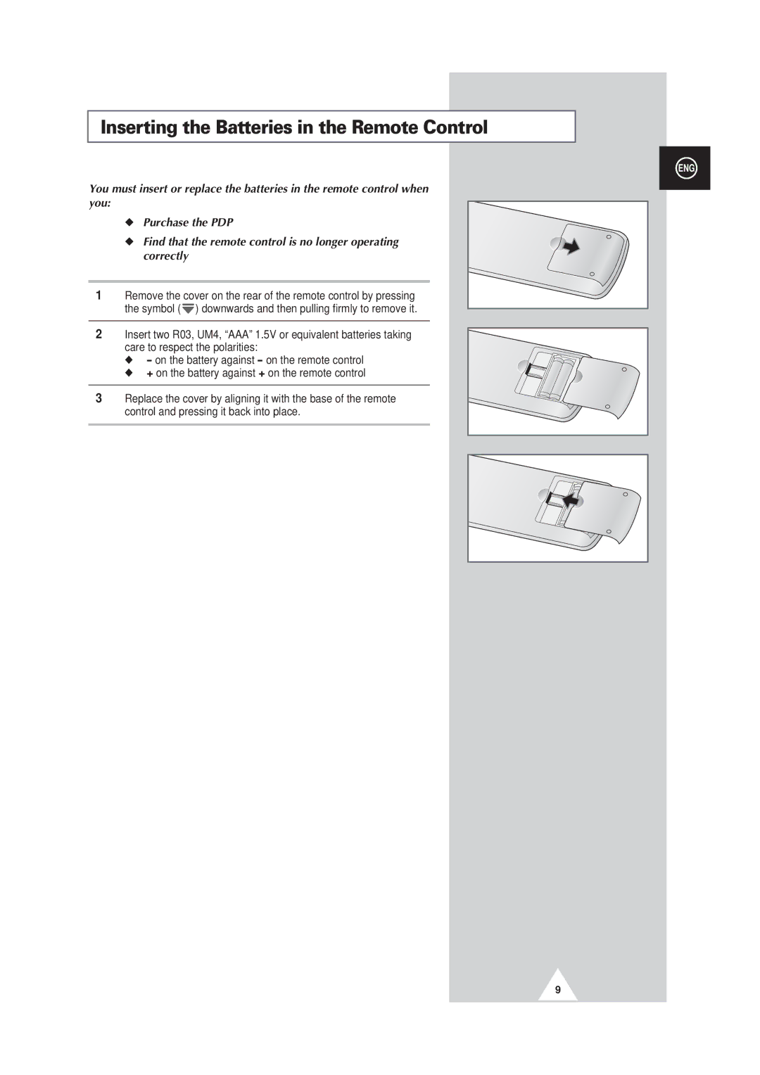 Samsung PS50P3H, PS63P3H, PS42P3S manual Inserting the Batteries in the Remote Control 