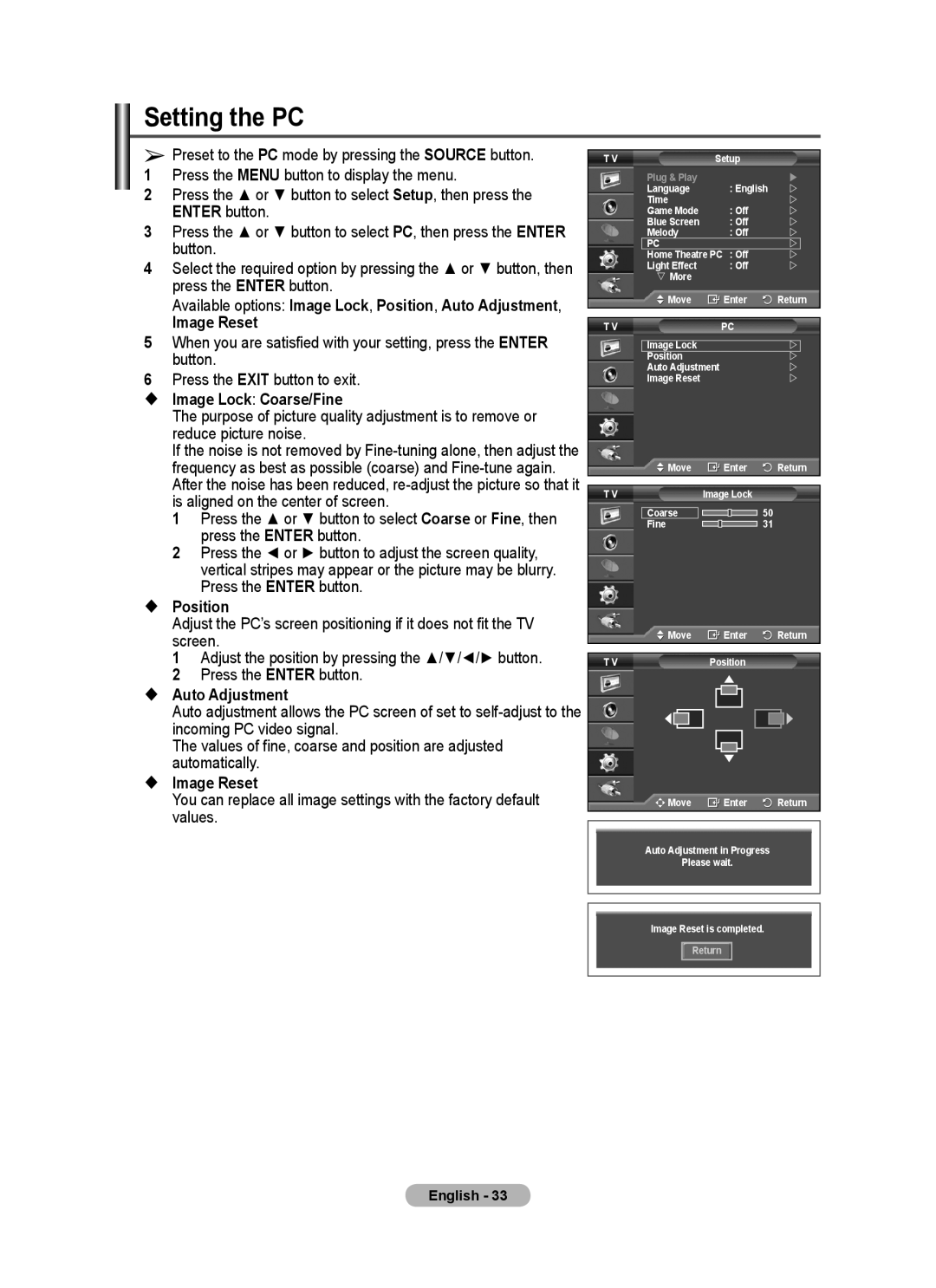 Samsung PS50Q92H, PS50Q91H, PS42Q92H manual Setting the PC,  Image Lock Coarse/Fine,  Auto Adjustment,  Image Reset 