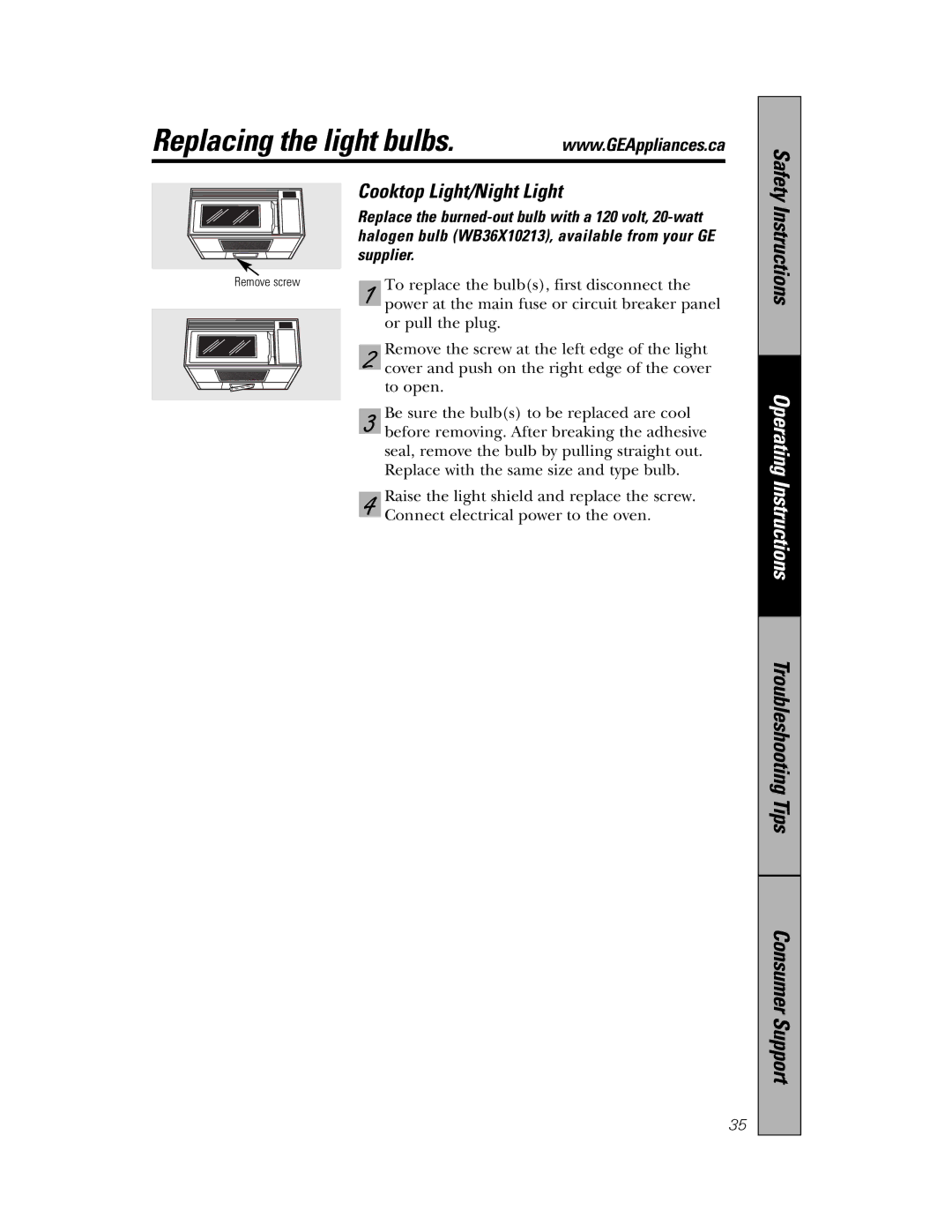 Samsung 350A4502P648, PVM1870 owner manual Replacing the light bulbs, Cooktop Light/Night Light, Supplier 