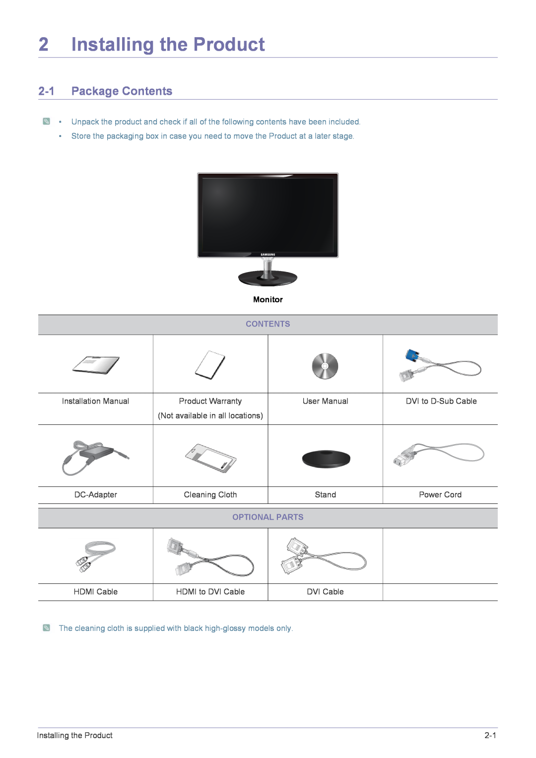 Samsung PX2370 user manual Installing the Product, Package Contents, Monitor, Optional Parts 