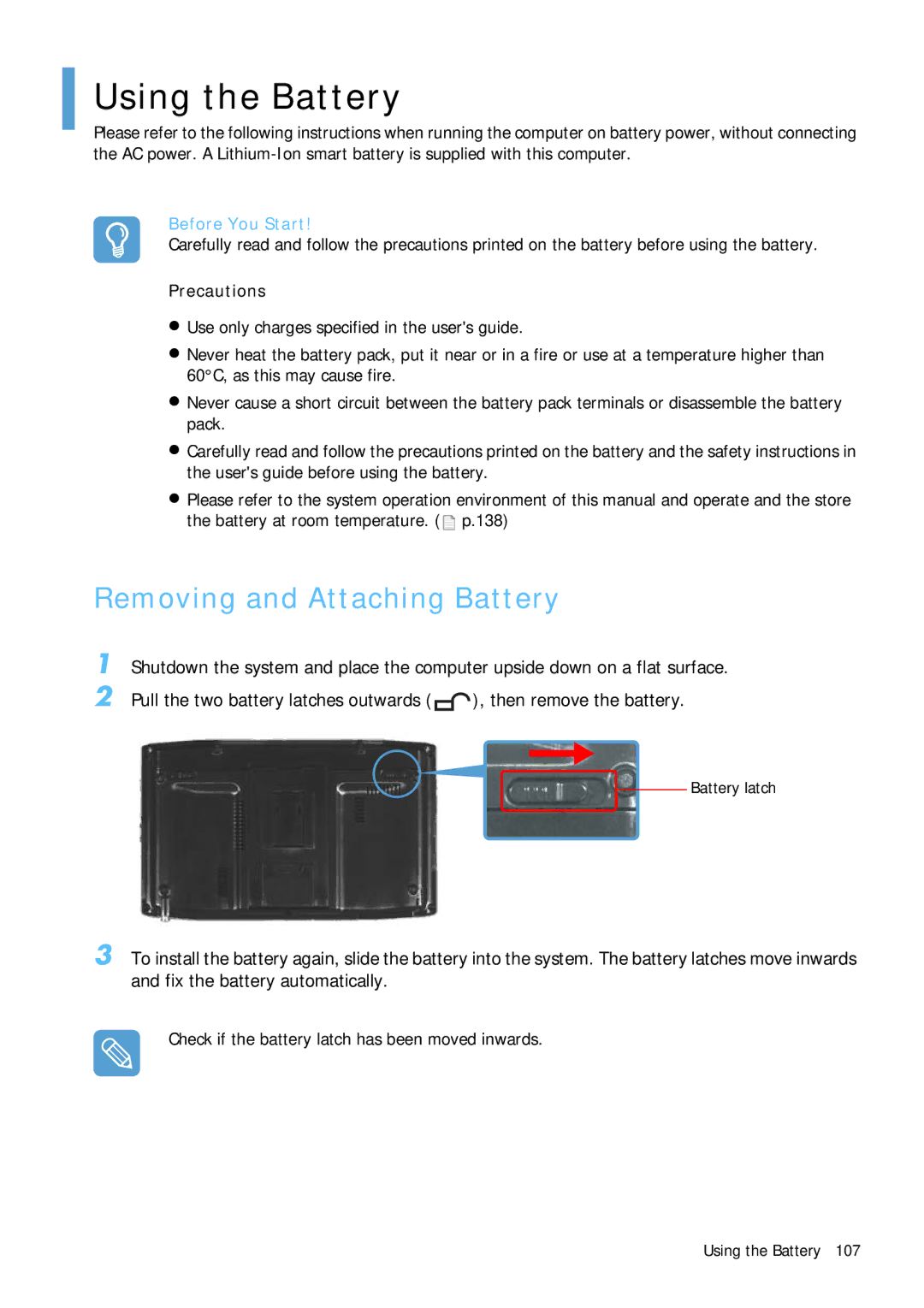 Samsung Q1 manual Using the Battery, Removing and Attaching Battery, Precautions 