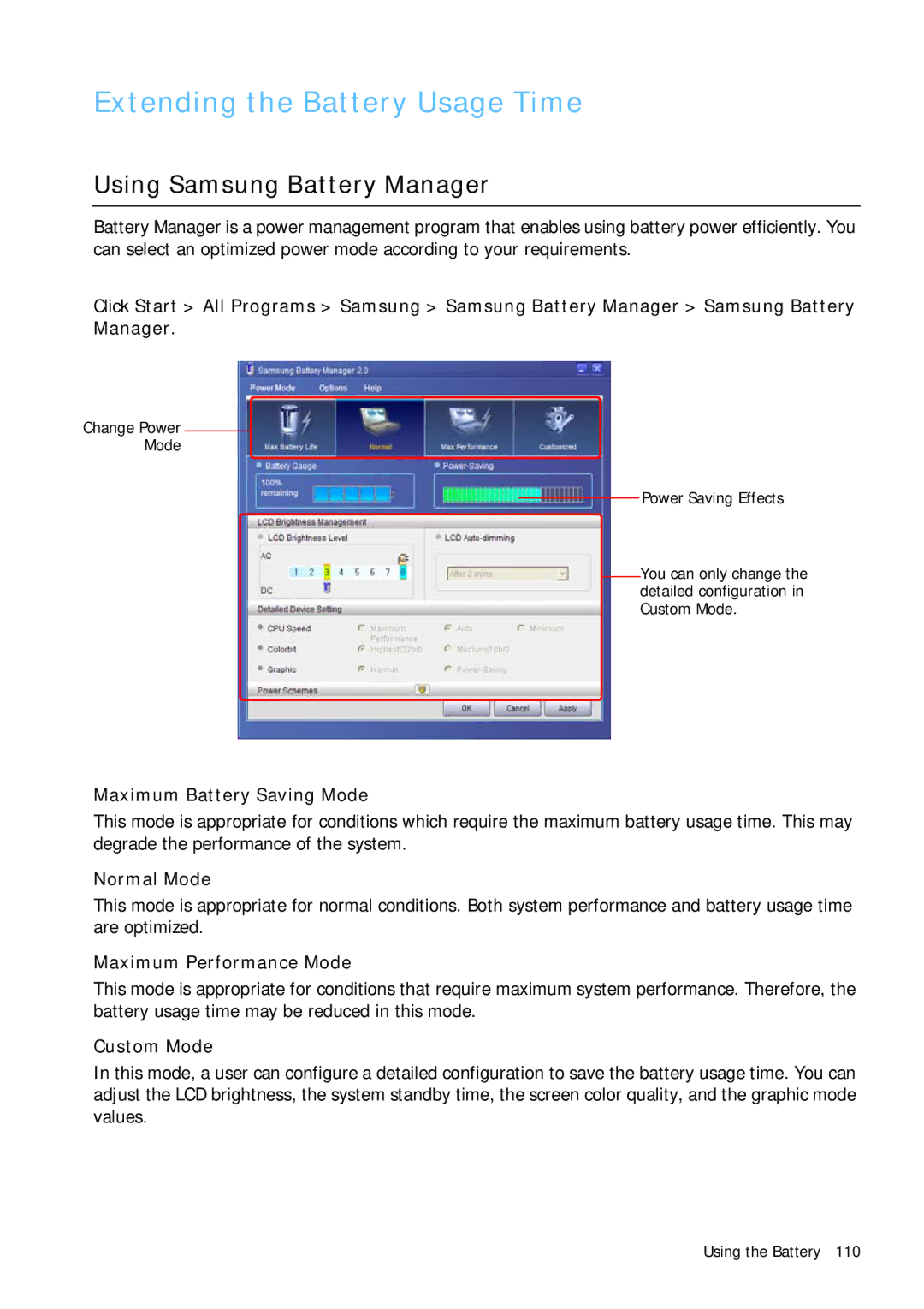 Samsung Q1 manual Extending the Battery Usage Time, Using Samsung Battery Manager 