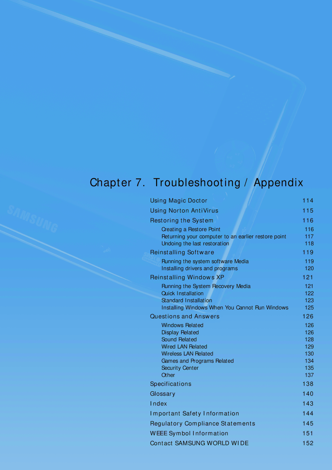 Samsung Q1 manual Troubleshooting / Appendix, Reinstalling Windows XP 121 