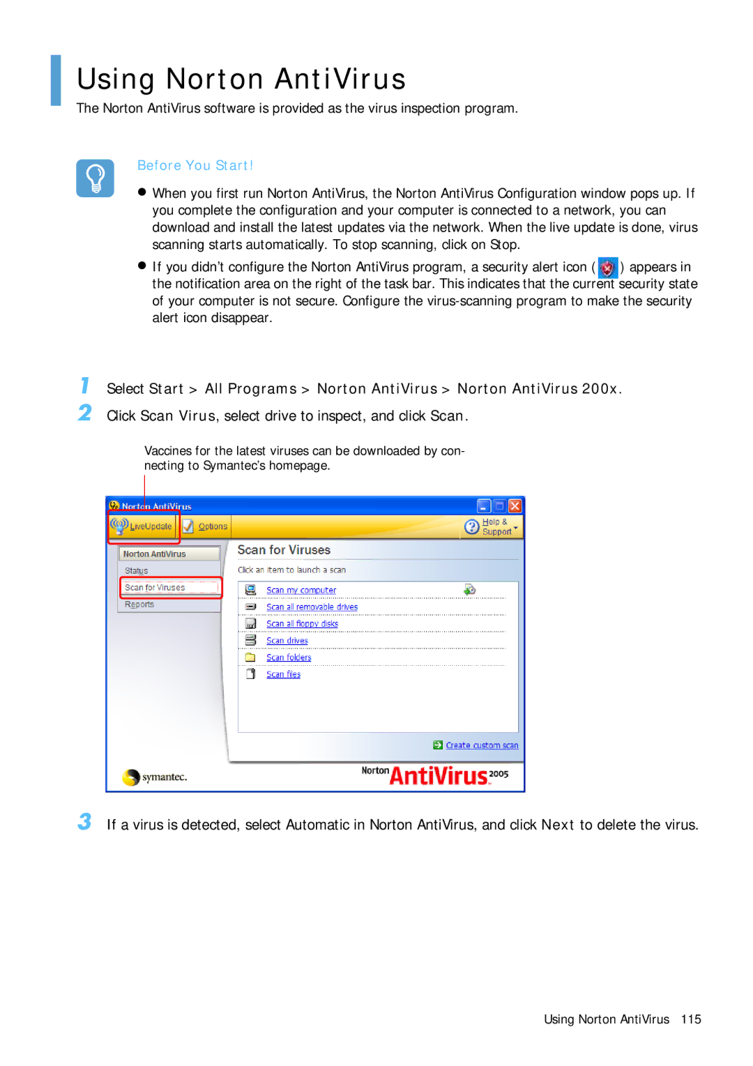 Samsung Q1 manual Using Norton AntiVirus, Select Start All Programs Norton AntiVirus Norton AntiVirus 