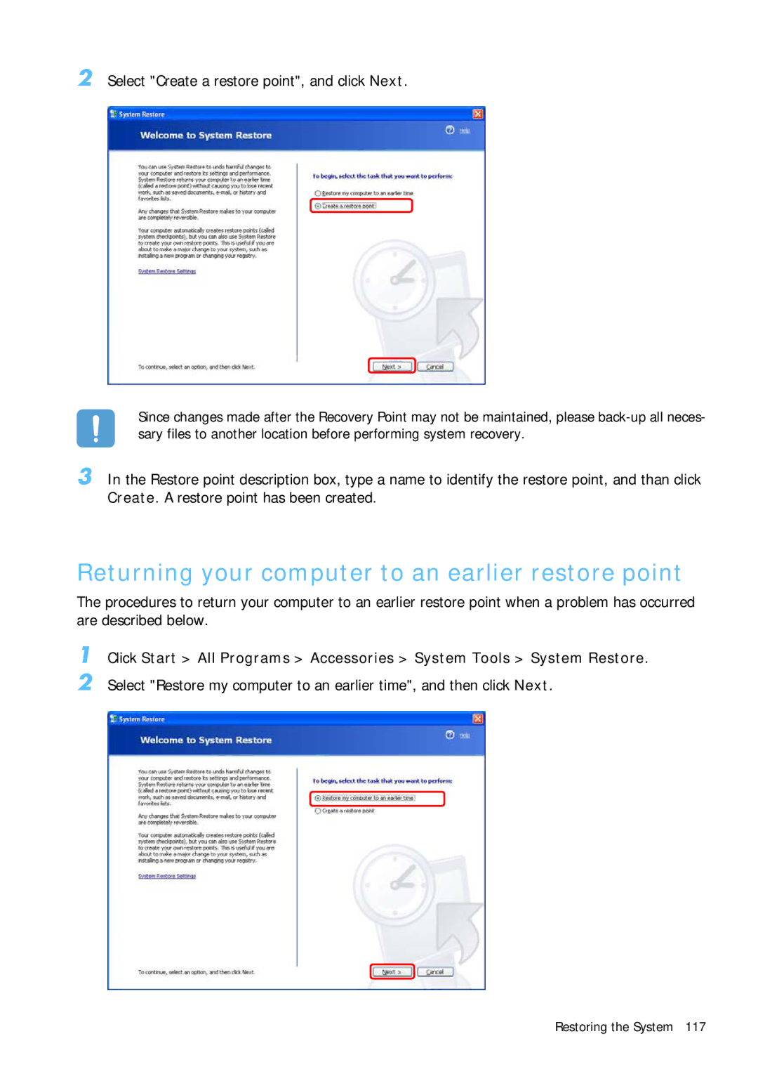 Samsung Q1 manual Returning your computer to an earlier restore point, Select Create a restore point, and click Next 