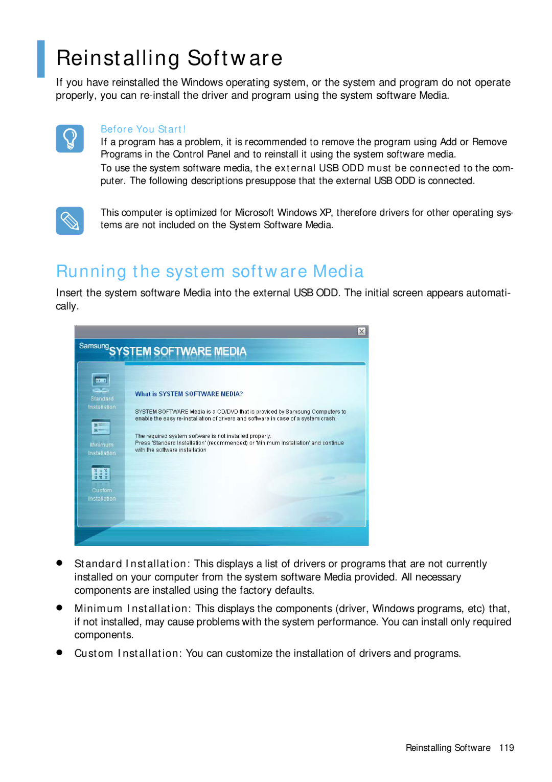 Samsung Q1 manual Reinstalling Software, Running the system software Media 