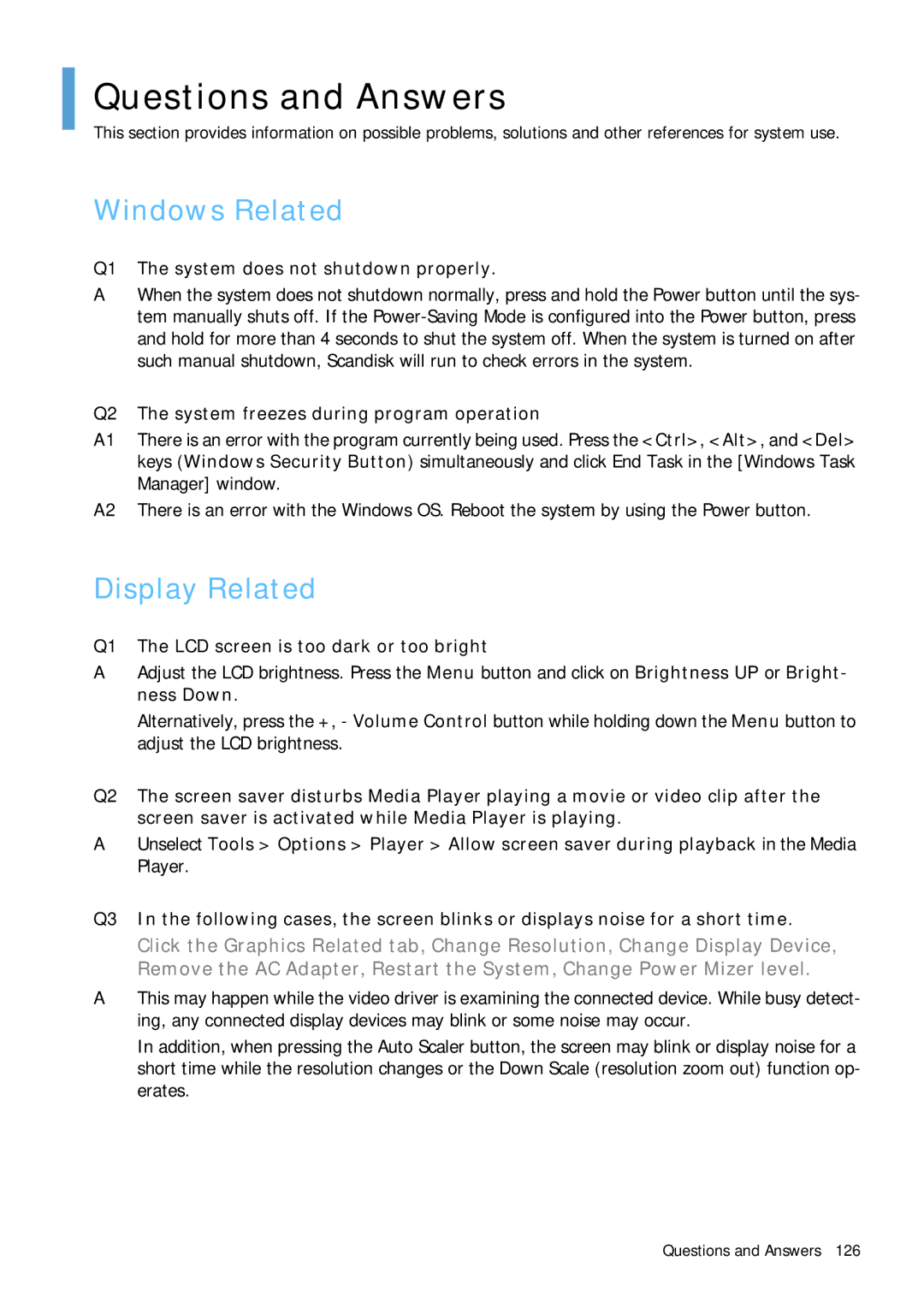 Samsung Q1 manual Questions and Answers, Windows Related, Display Related 