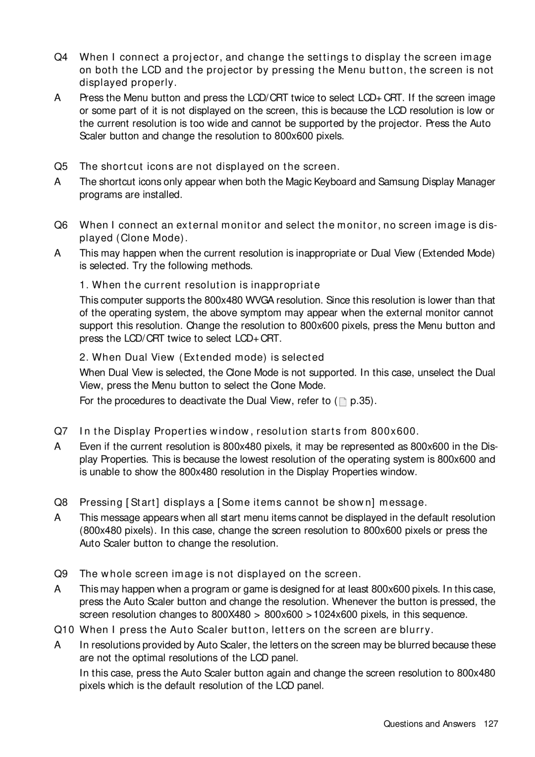 Samsung Q1 manual Q5 The shortcut icons are not displayed on the screen, When the current resolution is inappropriate 