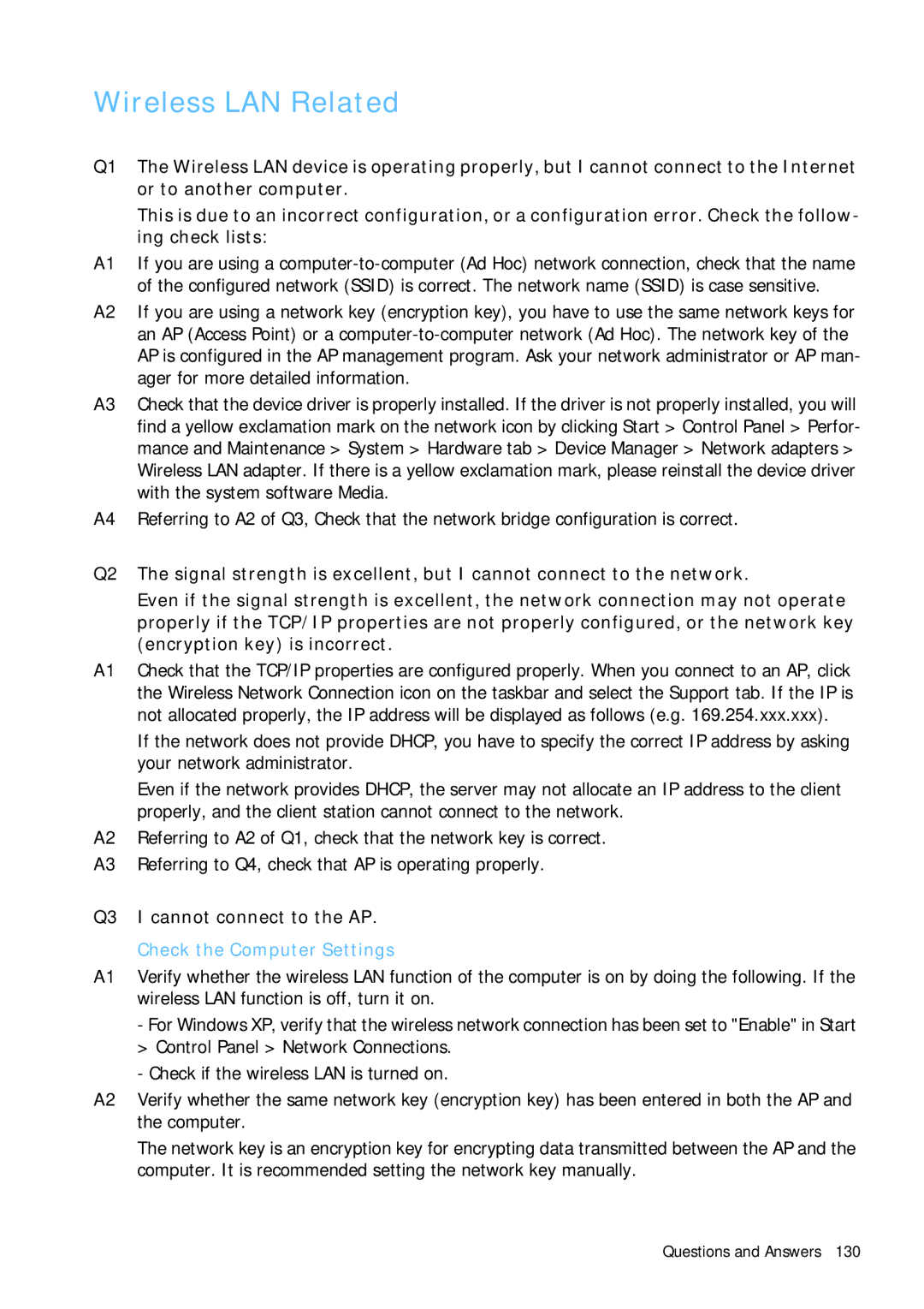 Samsung Q1 manual Wireless LAN Related, Q3 I cannot connect to the AP 